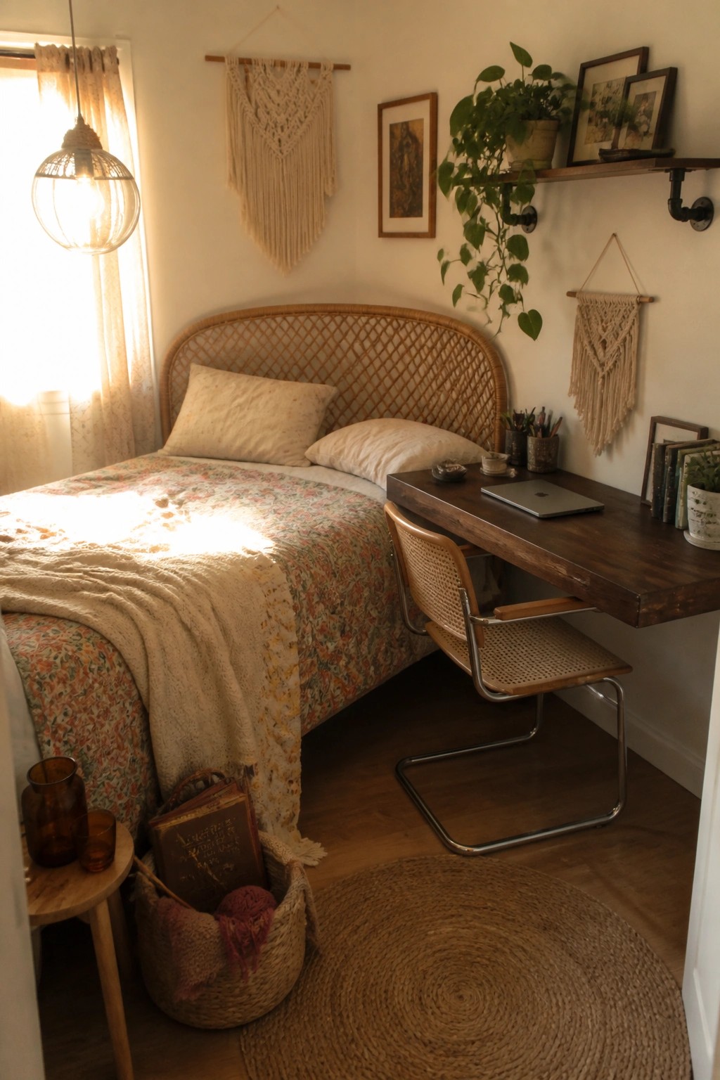 A small bedroom with a woven rattan headboard bed and a dark wooden desk with a cane chair placed directly beside it.