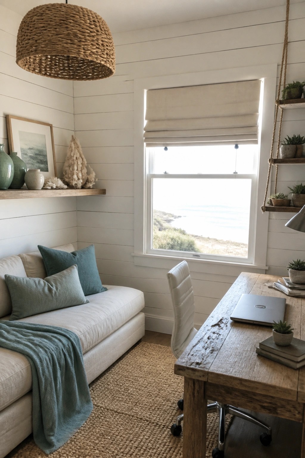 Coastal home office with wooden desk, white sofa, ocean-view window, and woven pendant light