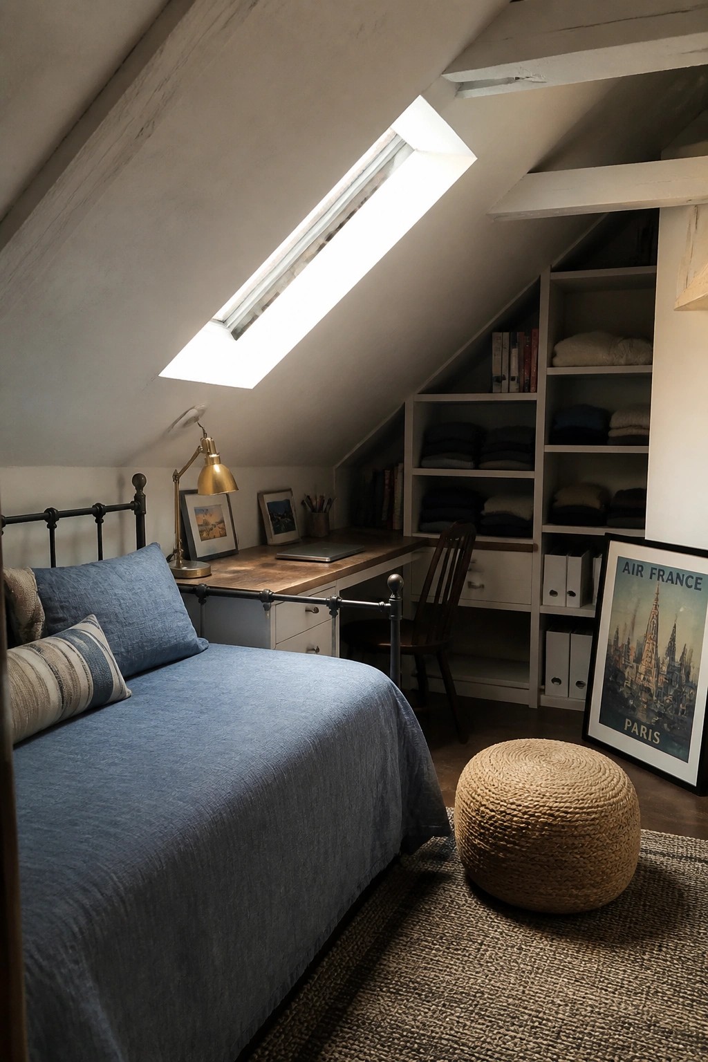 Attic bedroom with blue bed, wooden desk under skylight, shelves, and Paris poster.