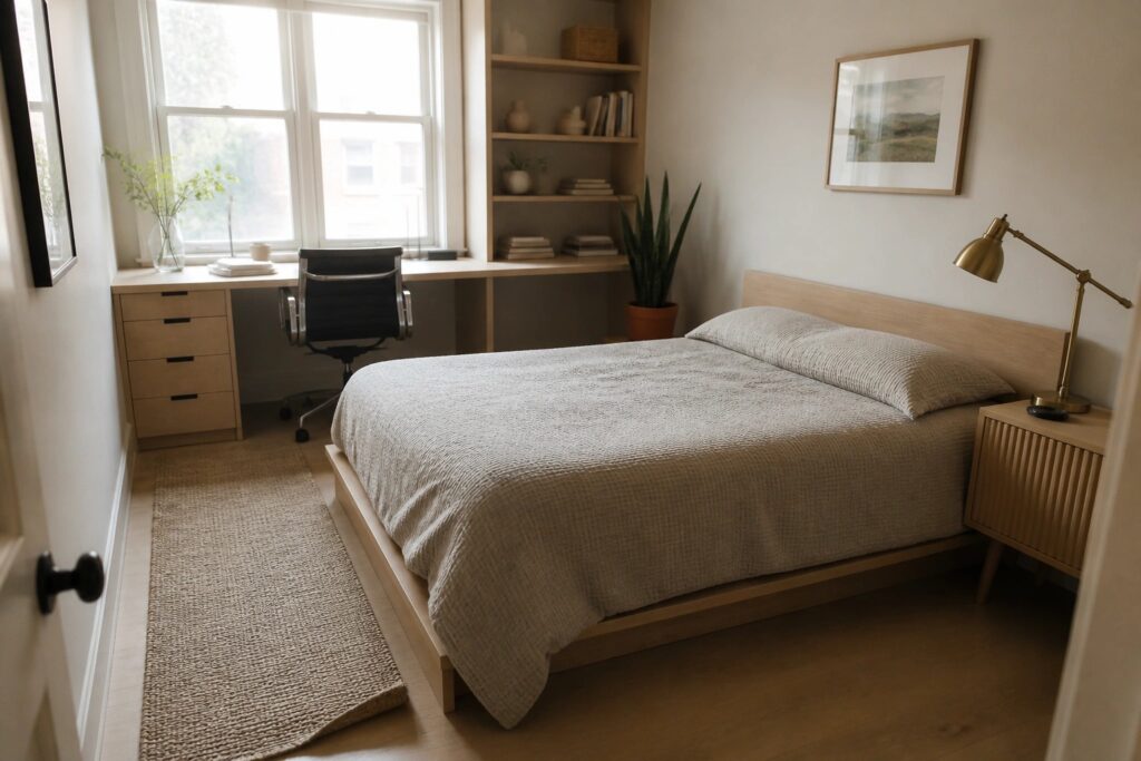 22 Cozy Small Bedroom Office Ideas That Balance Work and Relaxation Minimalist bedroom with light wood bed, neutral bedding, built-in shelves, and woven rug.