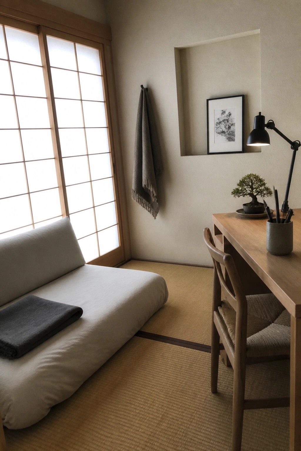 A small interior room with tatami mats shows a low white daybed beside a wooden desk and chair, with shoji screen windows on the left.