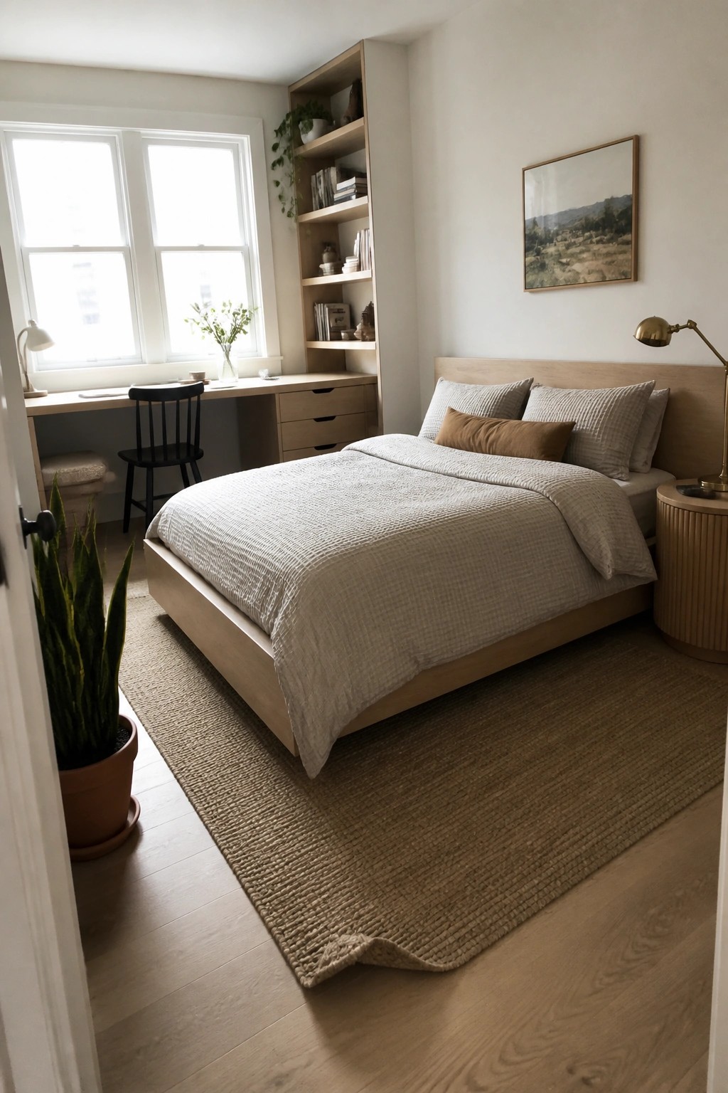 Minimalist bedroom with light wood bed, neutral bedding, built-in shelves, and woven rug.