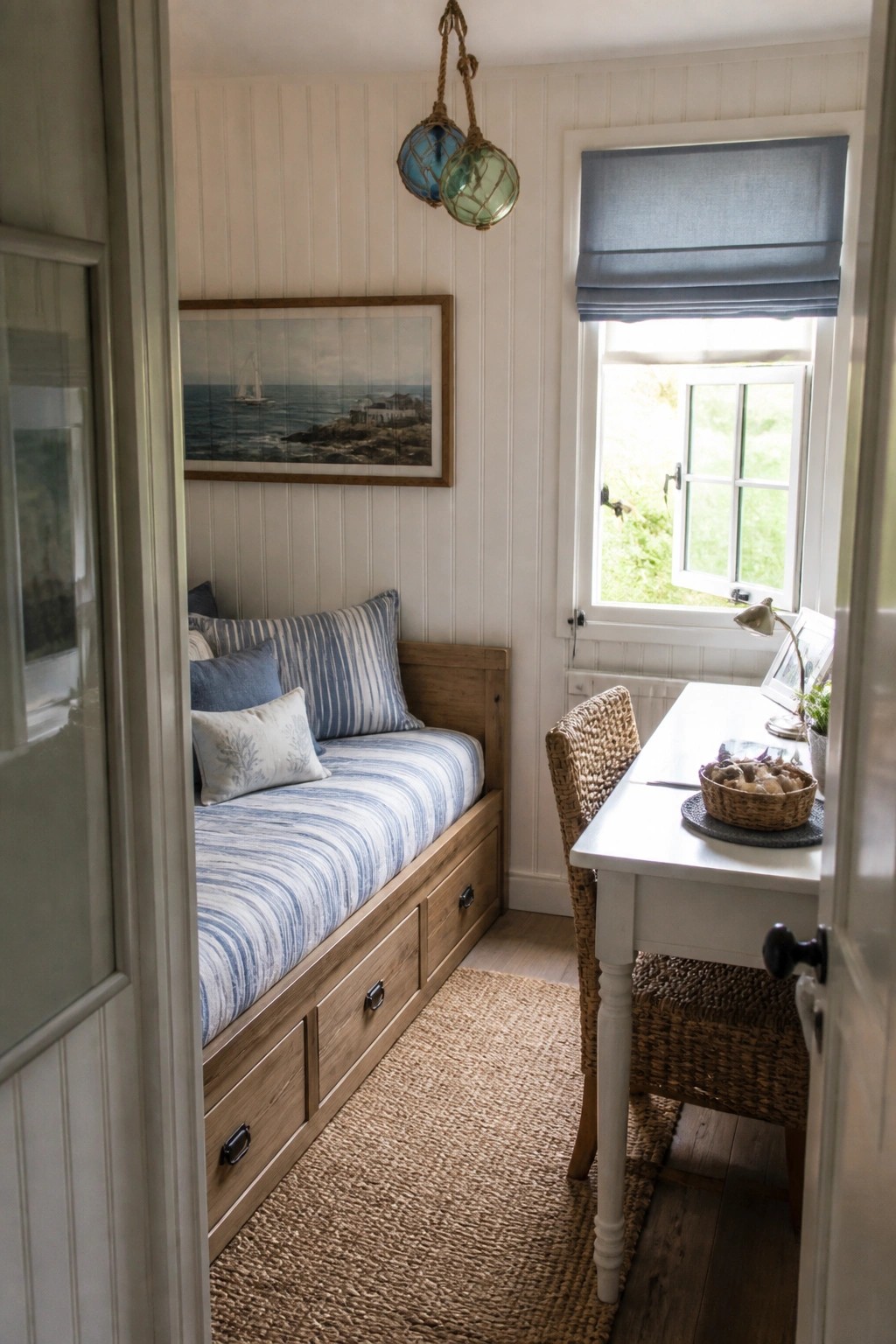 A narrow bedroom with a blue striped daybed that has storage drawers, a white desk with a woven chair, and a window with a blue blind.