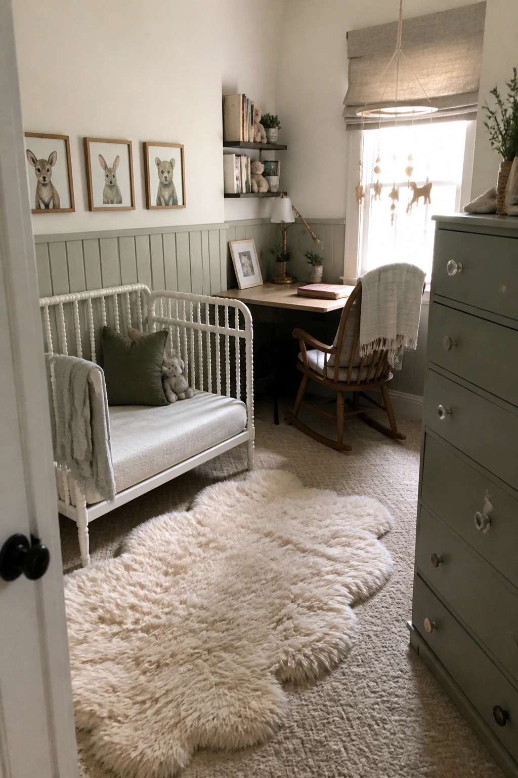 A small room with a white spindle daybed against sage green wainscoting, a wooden desk with a rocking chair, and a fluffy white rug on the carpet.