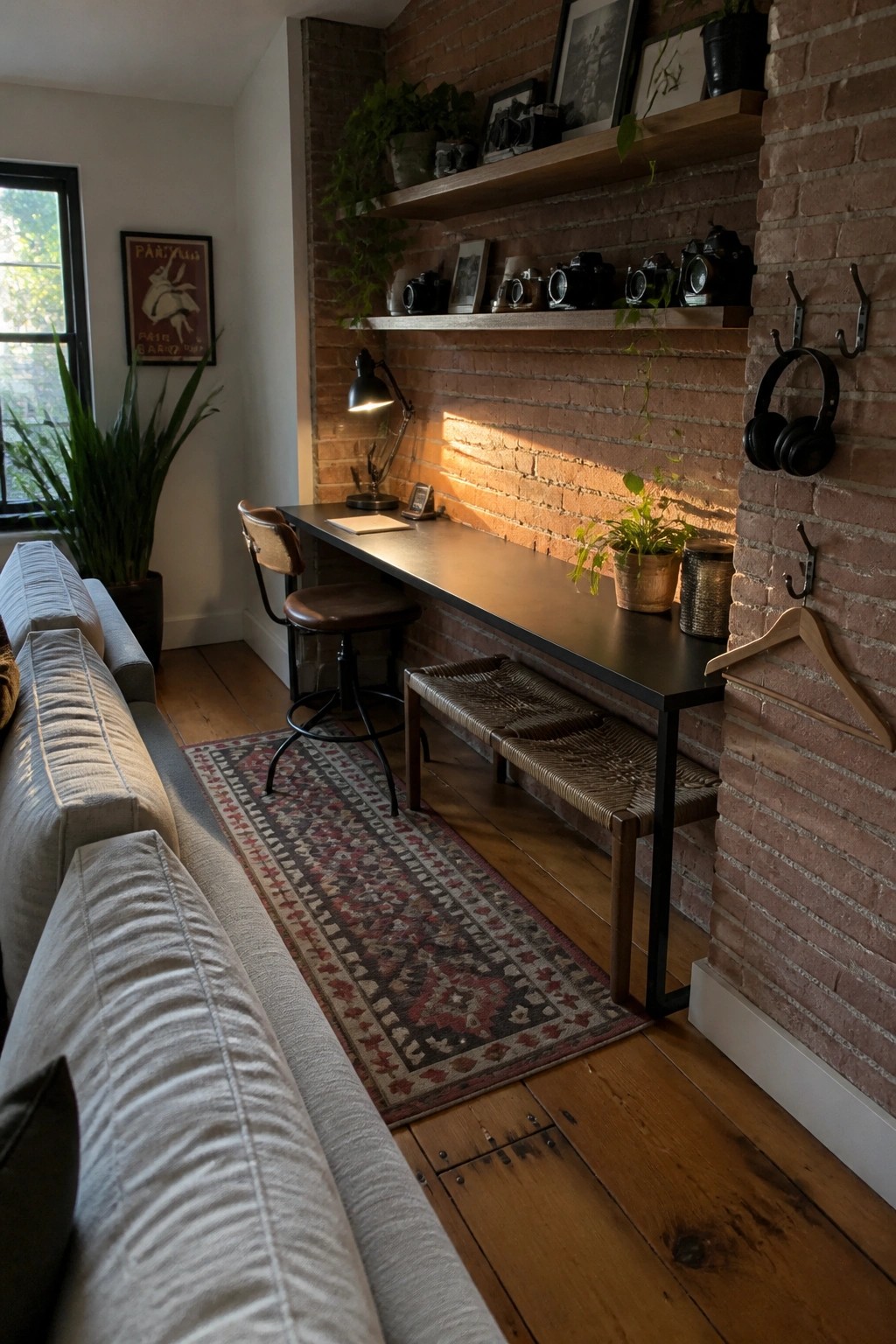 Cozy workspace with exposed brick wall, black desk, camera shelves, plants, and woven bench.
