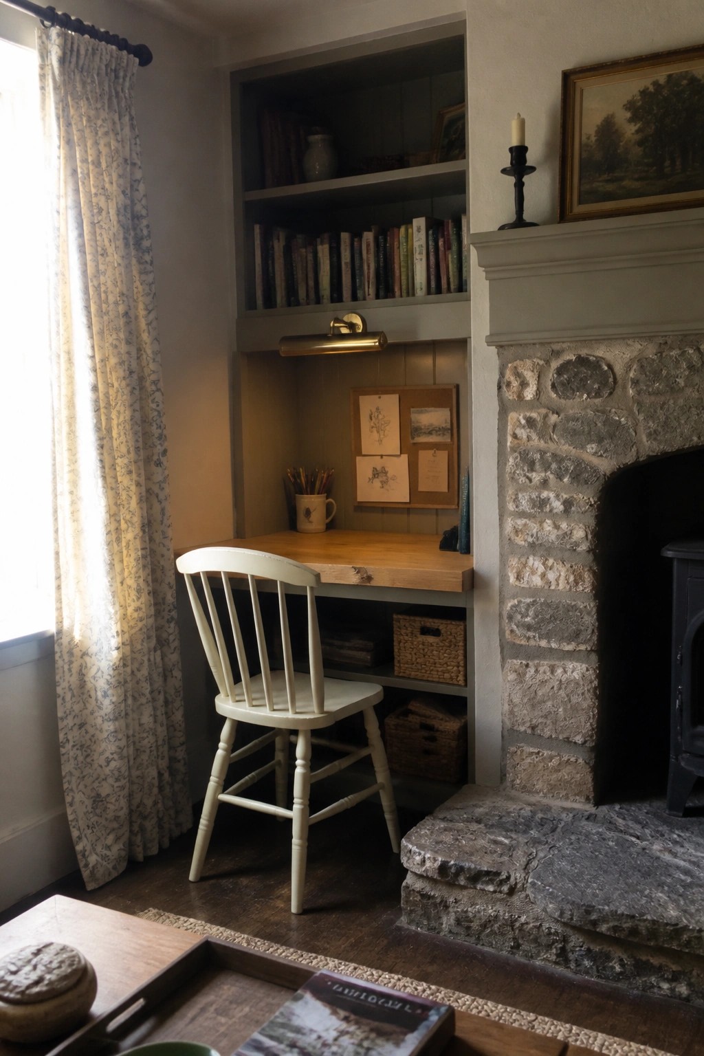 A built-in wooden desk in a painted alcove with bookshelves above, a white wooden chair in front, and a stone fireplace to the right.