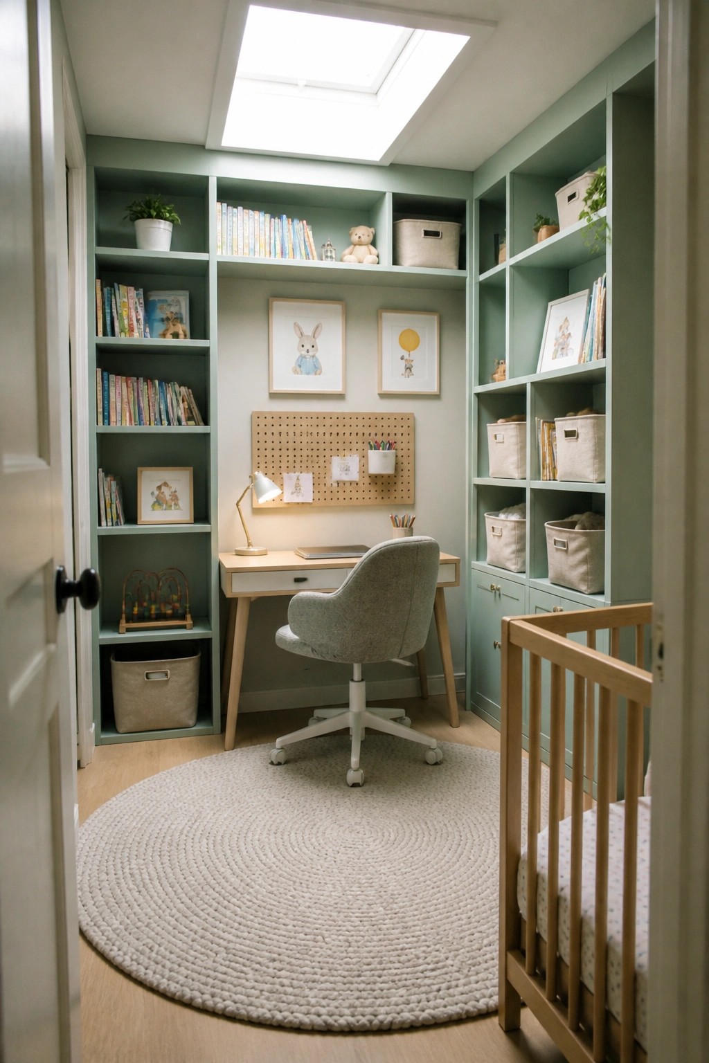 A small home office nook with built-in sage green shelves, a light wood desk, gray swivel chair, pegboard, and round rug, with a wooden crib visible on the right.