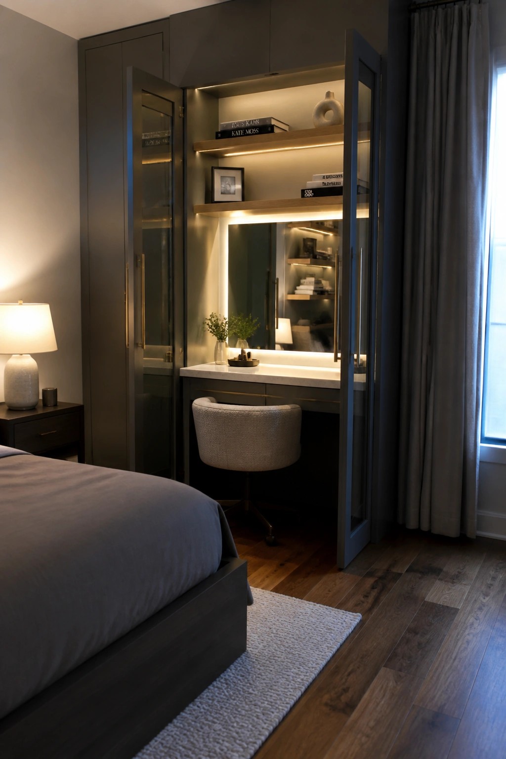 A bedroom vanity nook with white marble top and illuminated shelves set inside dark built-in cabinetry beside a bed.