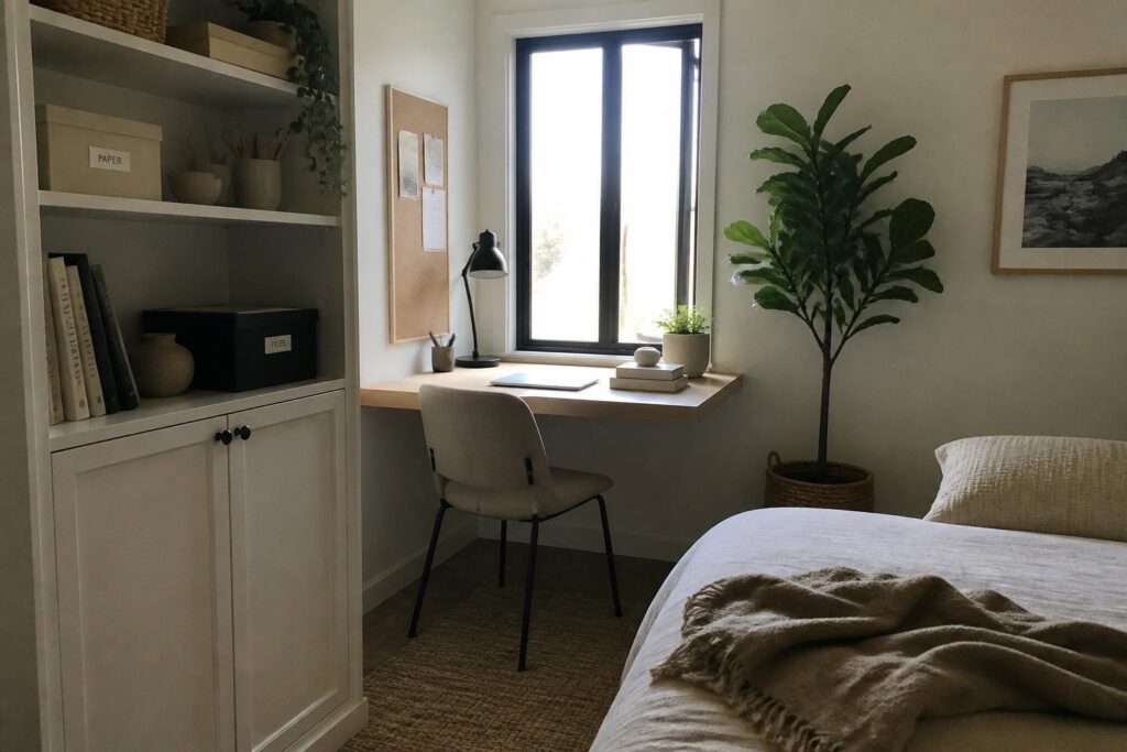 A light wood desk with a chair sits under a large black-framed window in a bedroom, with built-in white shelves on the left and a bed on the right.
