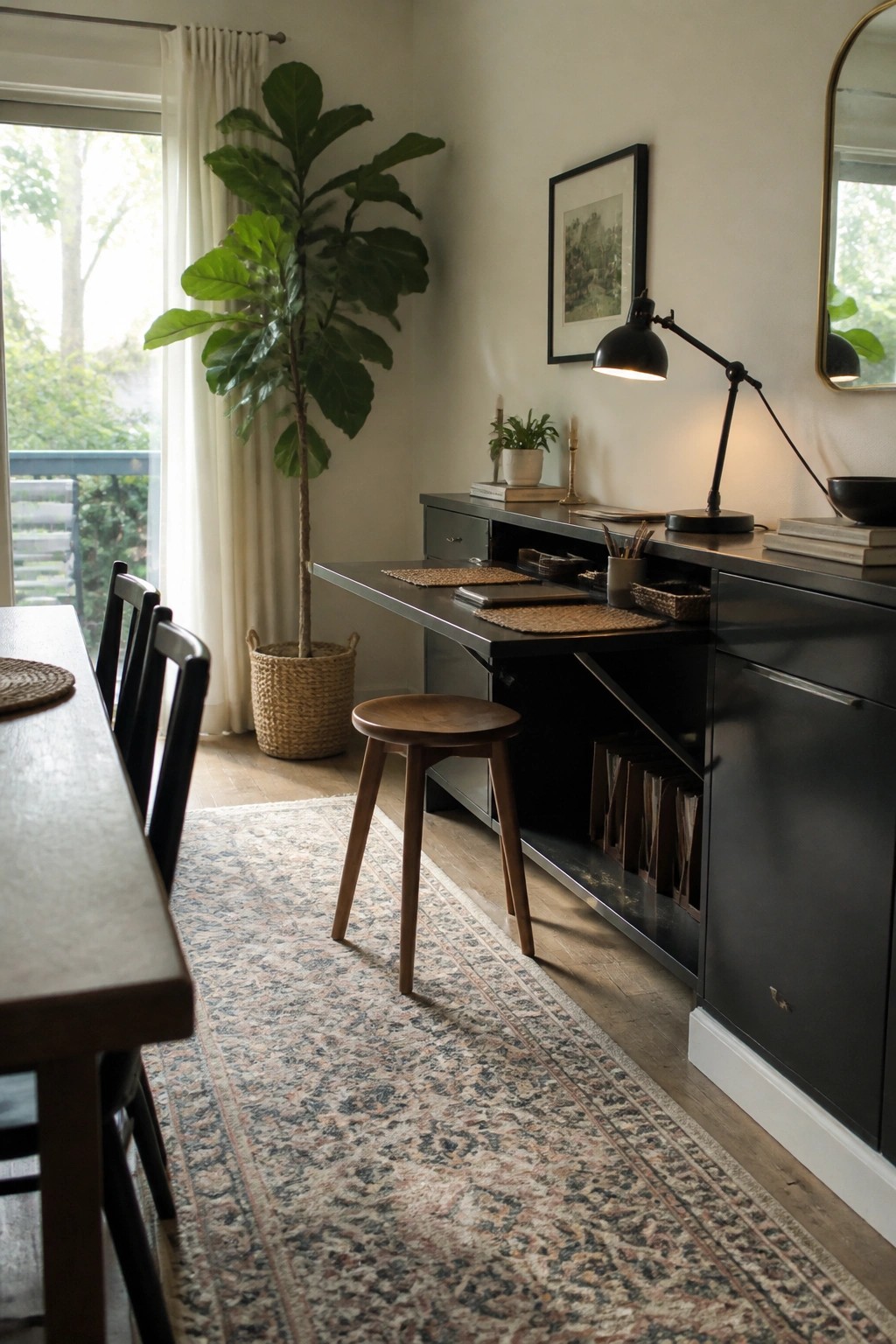 A black cabinet with an extended pull-out desk surface, a wooden stool underneath, and a large potted plant beside it in a room with a dining table.
