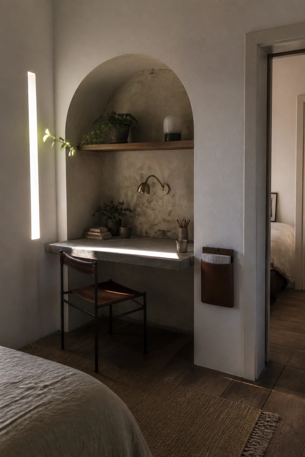 A concrete desk set inside an arched plaster niche with a wooden shelf above it, located beside a bedroom doorway.