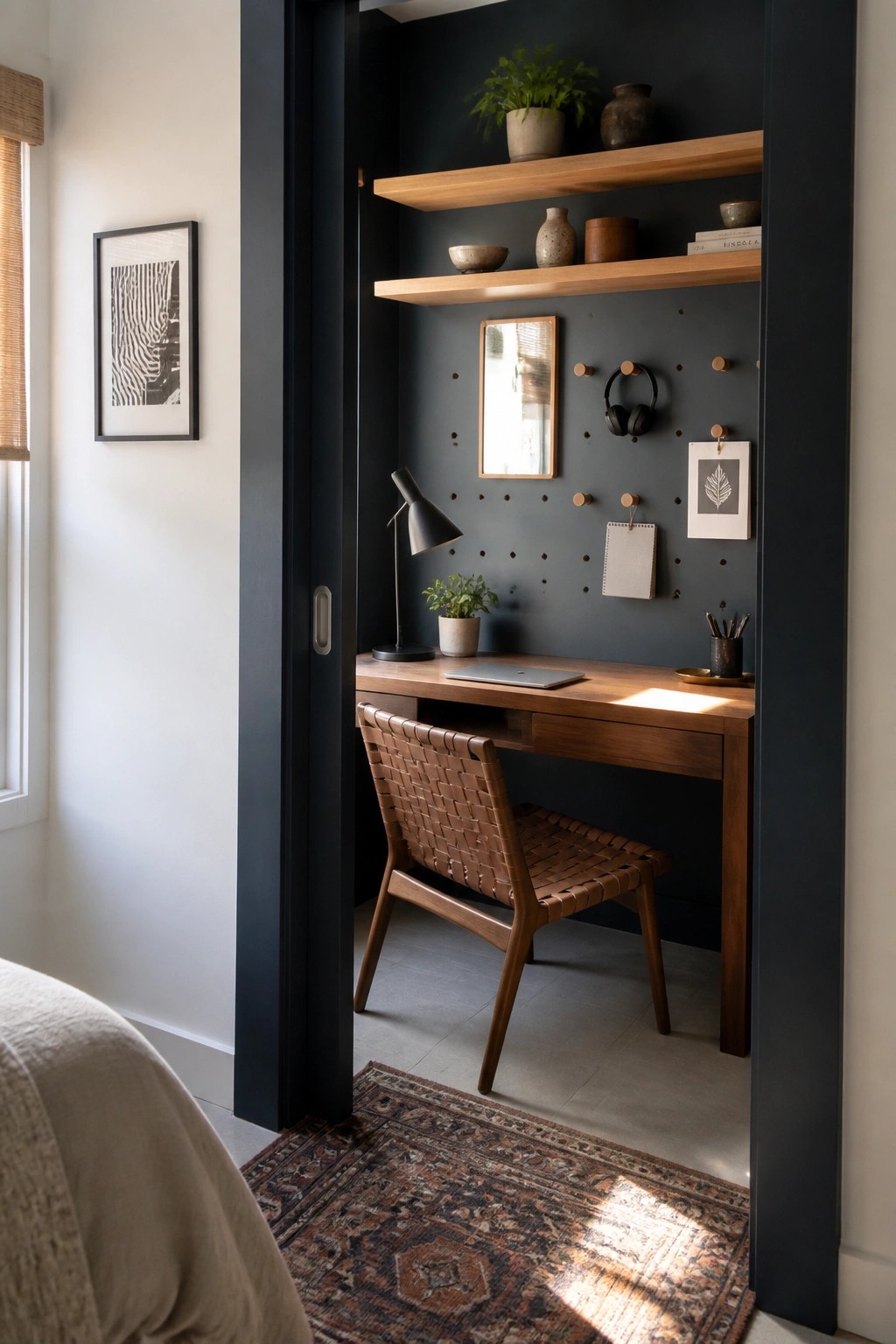 A wooden desk and woven chair placed inside a dark painted alcove with floating shelves, a pegboard, and a laptop on the desk, seen through an open doorway with a patterned rug in front.