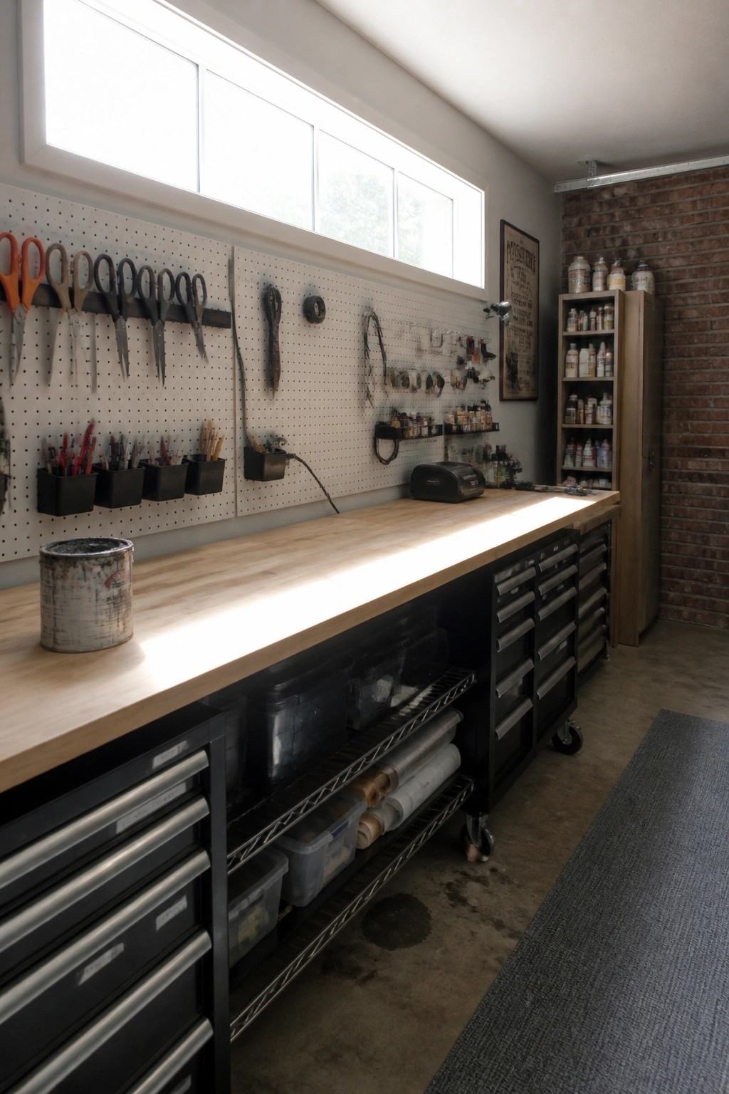 A long wooden workbench runs beneath a large horizontal window in a workshop, with white pegboards holding tools on the wall and black storage cabinets underneath.