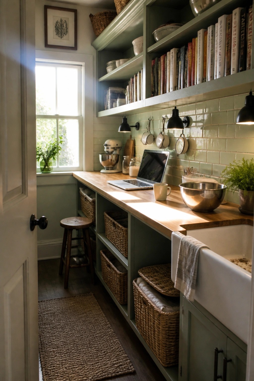 Cozy rustic kitchen with green cabinets, open book shelves, wooden counter, and sink