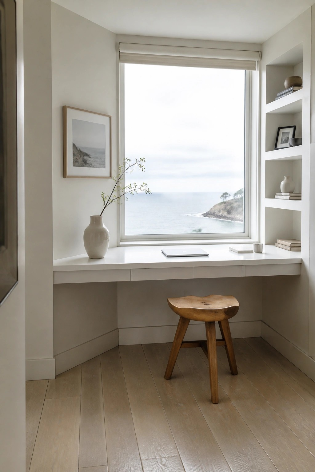 A white built-in desk sits under a large window overlooking the ocean, with a wooden stool in front and built-in shelves holding books and vases on the right wall.