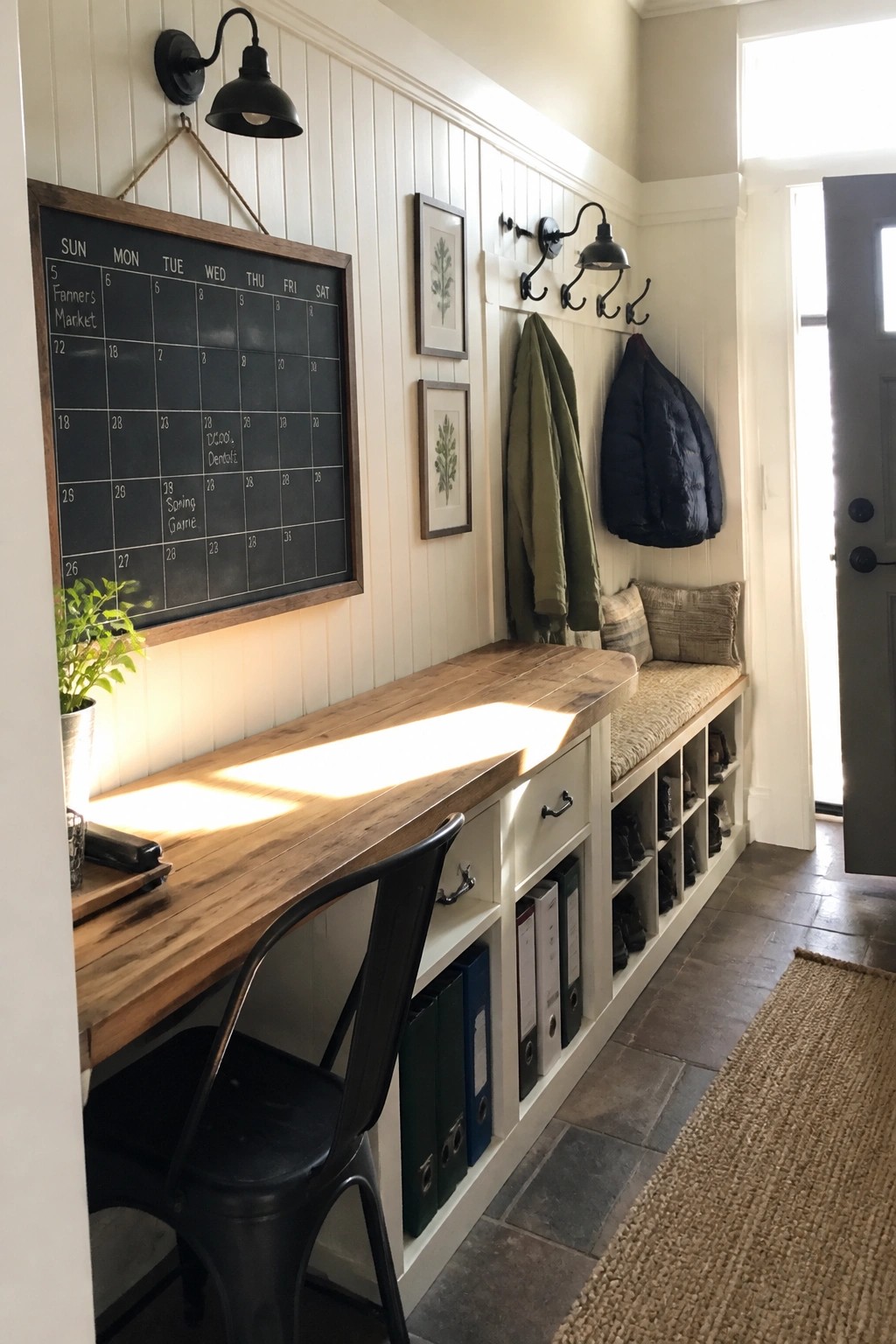 A wooden desk with a black metal chair sits in a white paneled entryway beside built-in cubby storage, a chalkboard calendar on the wall, and an open door letting in daylight.