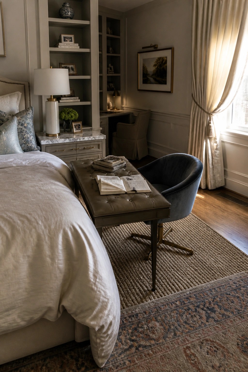 A bedroom interior showing a bed with white linens, a tufted bench holding an open book, a blue velvet swivel chair, built-in shelves with books and decor, a desk area, and a window with light curtains.