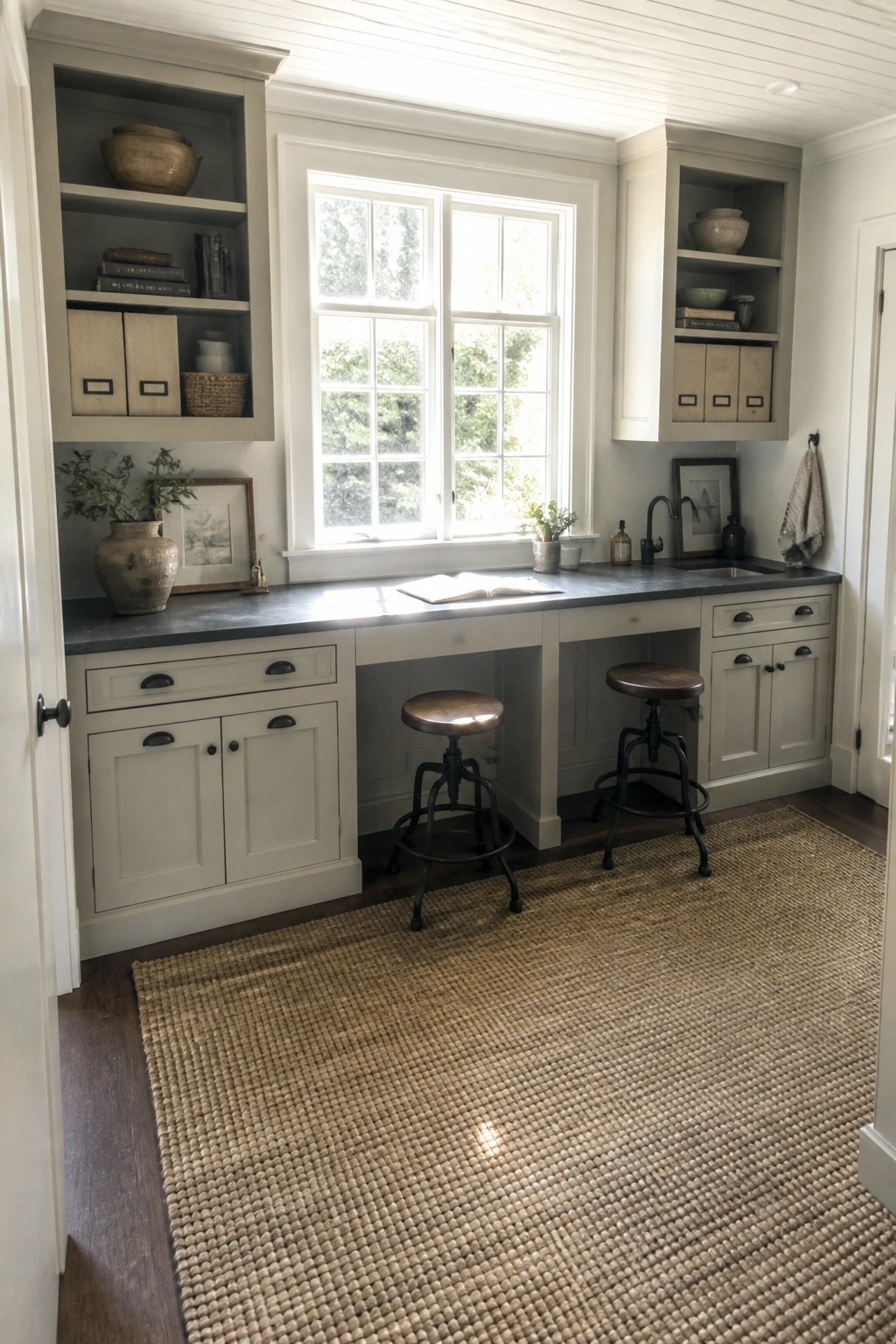 An interior workspace with built-in gray cabinets, a dark countertop desk beneath a large multi-pane window, two metal stools, and a woven rug covering dark wood floors.