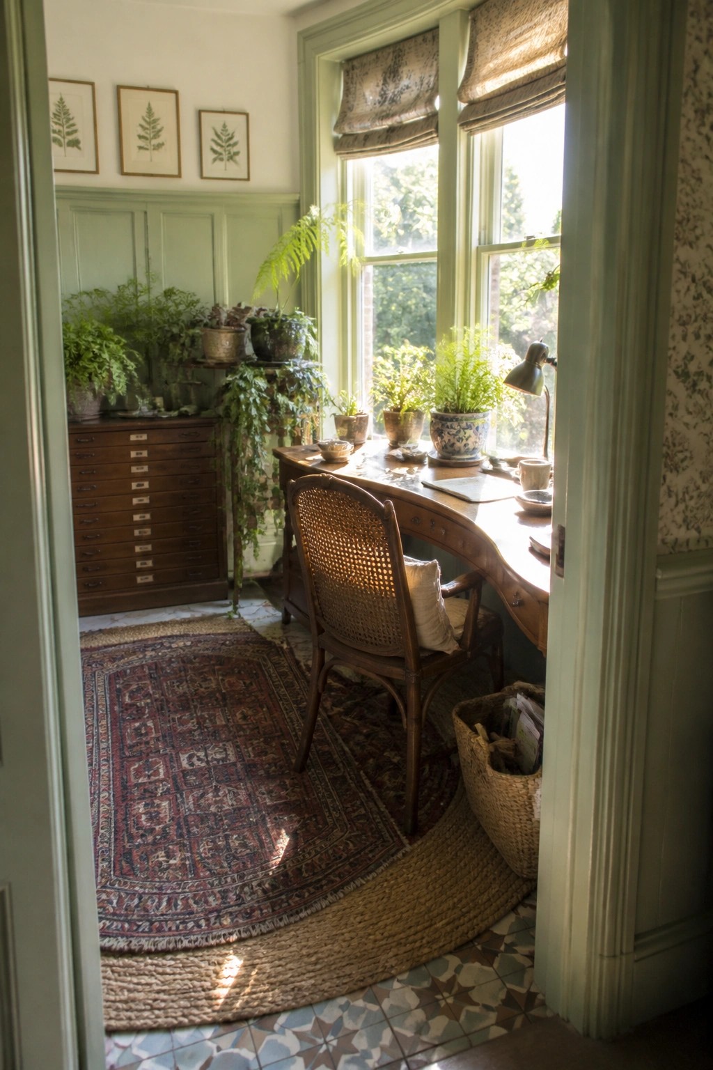 A wooden desk with a woven chair sits in front of large windows in a room with green plants, a patterned rug, and a wooden cabinet along the wall.