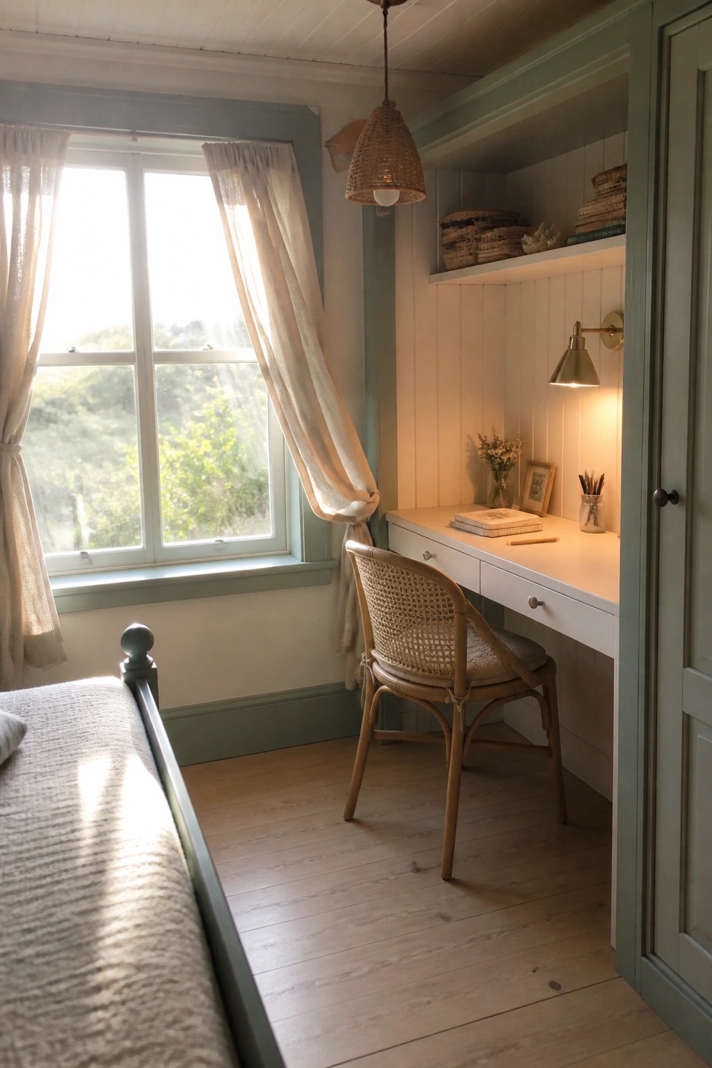 Cozy built-in desk with wicker chair beside sunlit window in green room