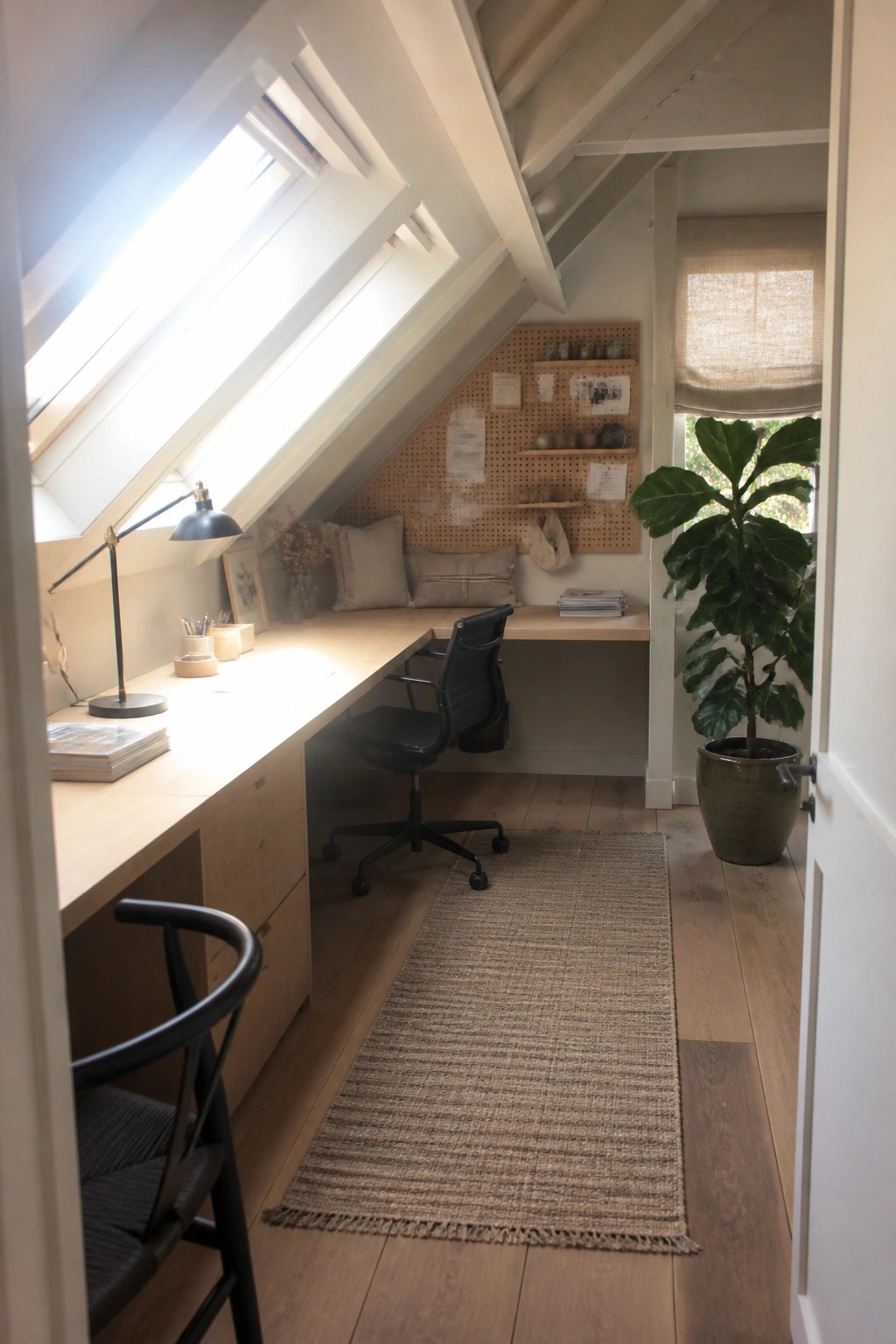 An attic workspace features a long light wood desk beneath multiple skylights, a black office chair, a pegboard on the sloped wall, and a large potted plant near a window with a rolled shade.