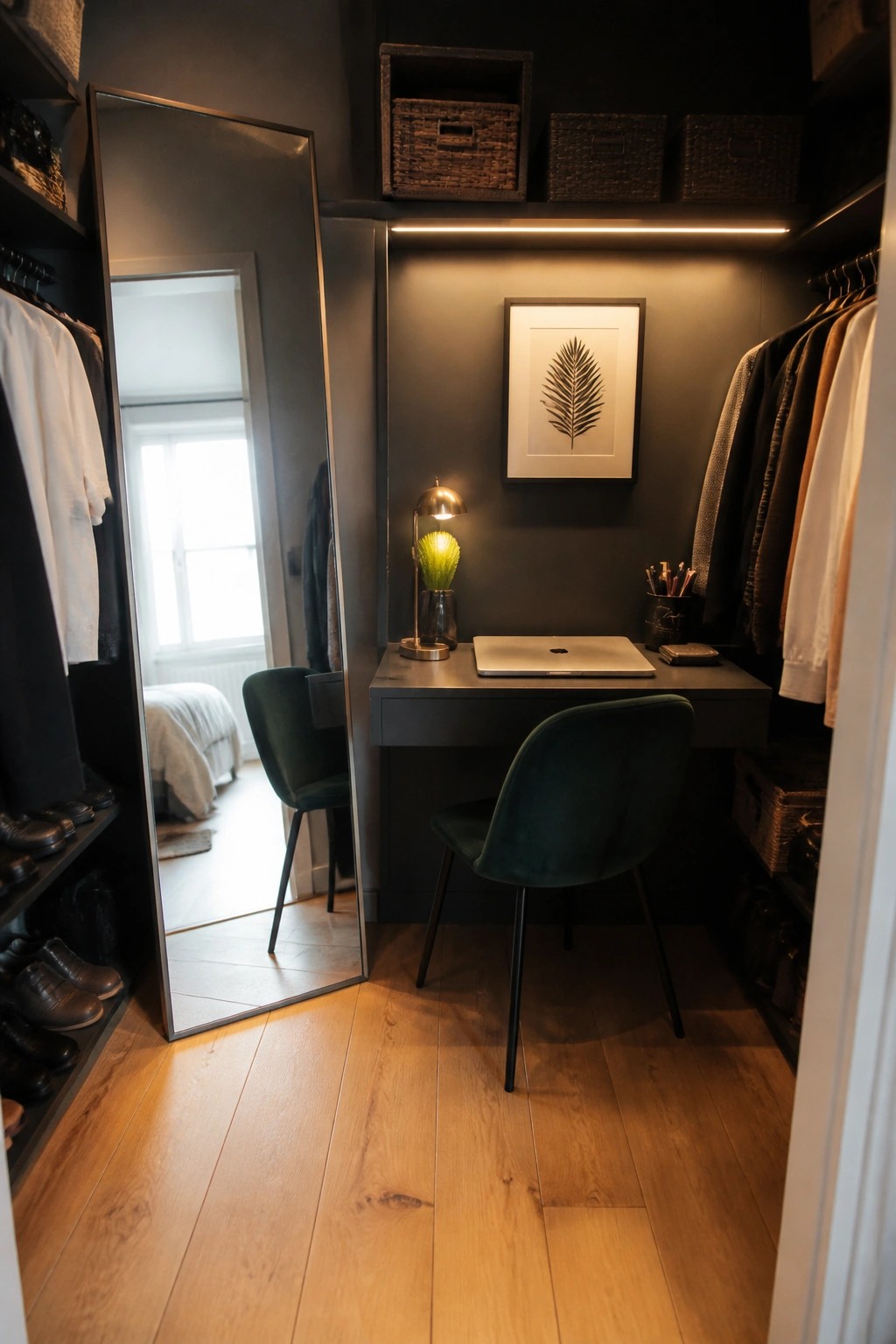 A compact workspace with a dark desk, two green velvet chairs, and a laptop is built into a closet lined with clothing racks, shelves, and a large mirror reflecting a sunlit bedroom.