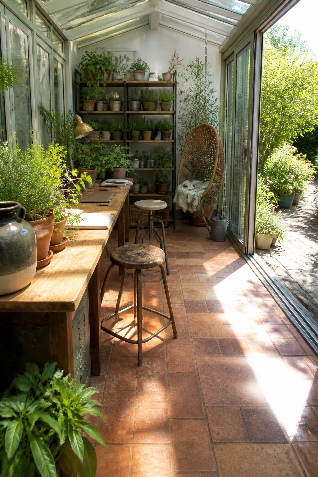 Bright greenhouse with wooden workbench, stools, plant shelves, and hanging wicker chair.