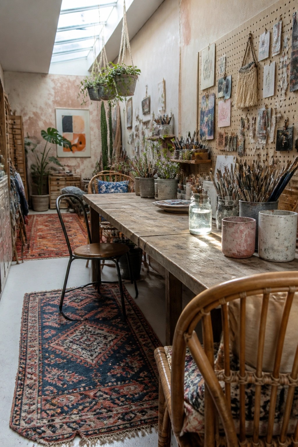 A long wooden work table sits under a skylight in a narrow art studio with a pegboard on the wall, paintbrushes in jars, and plants hanging above.