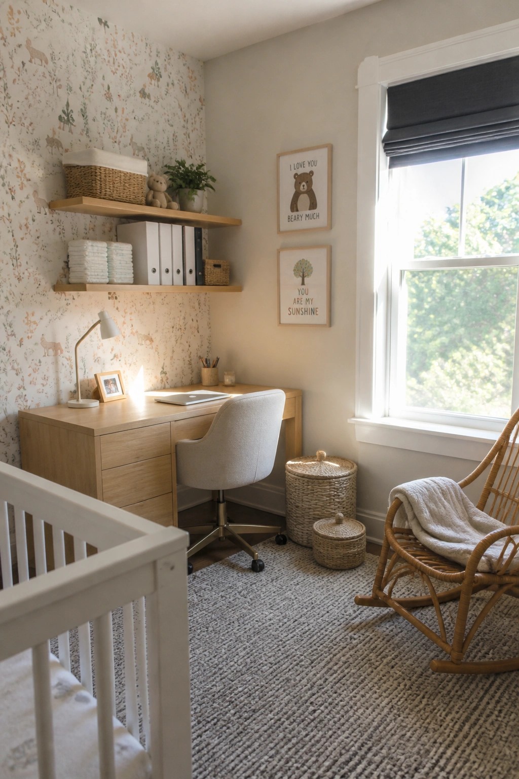 A nursery interior with a light wood desk under a window, floating shelves holding storage bins and books, a gray office chair, framed wall prints, a wicker rocking chair, and a white crib in the foreground.