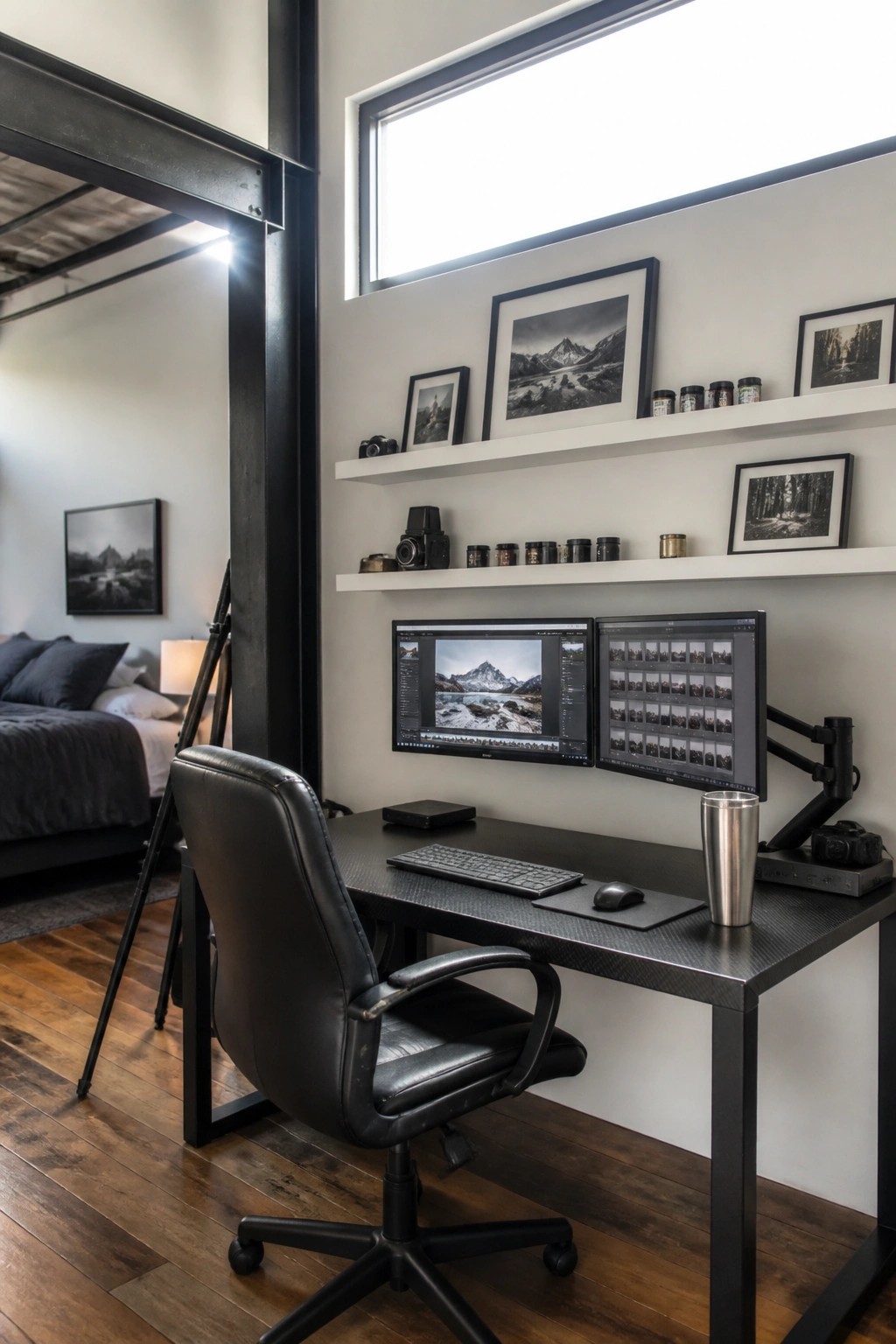 A modern home office desk with dual monitors sits under a large window, with a black leather chair, keyboard, mouse, and white floating shelves holding framed photos and cameras above it.