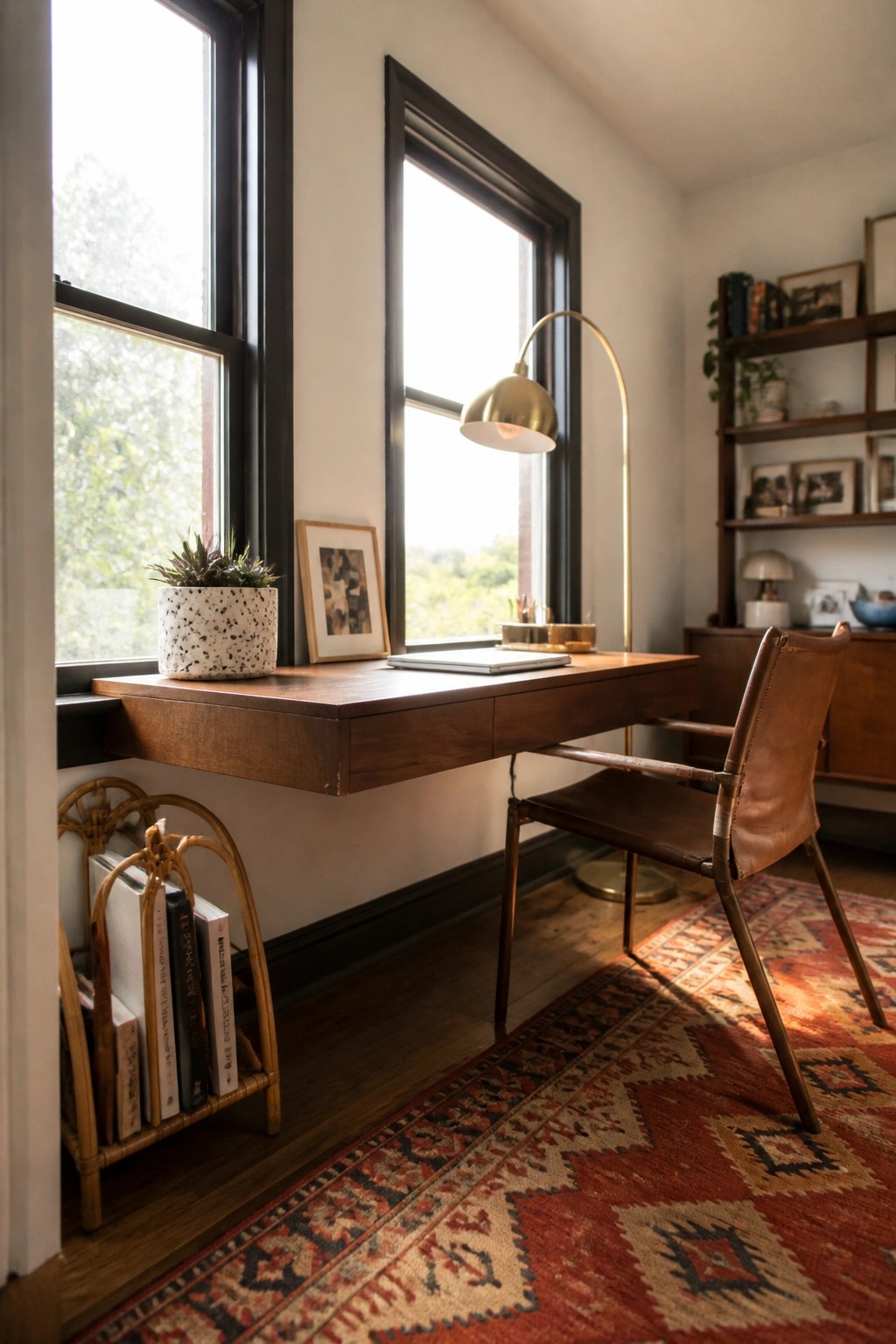 A wooden floating desk sits beneath two large black-framed windows, with a brown leather chair, brass floor lamp, and potted plant nearby on a patterned rug.
