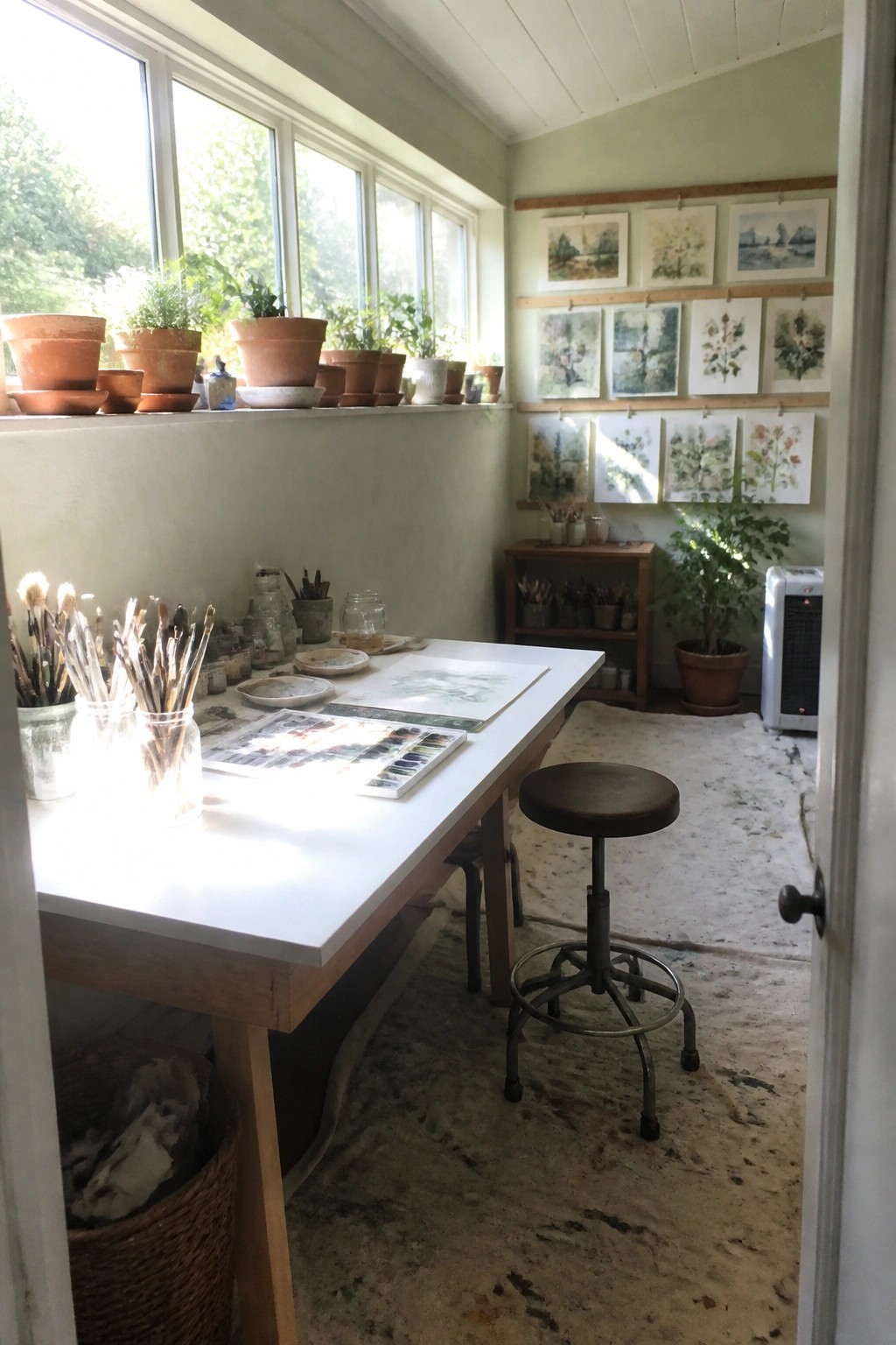 Sunlit studio table with paintbrushes, watercolor palette, papers, stool, and wall paintings.