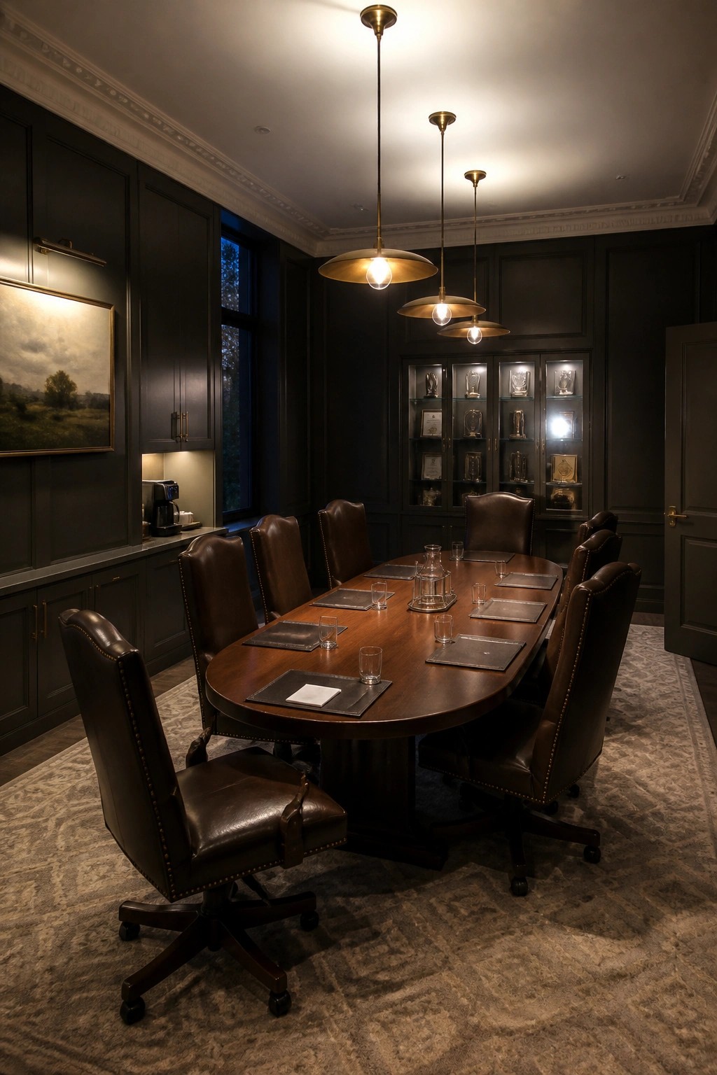 A dark wood executive conference room with a large oval table, brown leather chairs, built-in glass display cabinets, and three brass pendant lights overhead.
