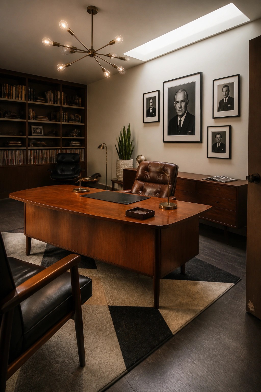 A spacious executive office with a large wooden desk, brown leather chair, built-in bookshelves, and a wall of framed black and white portraits.