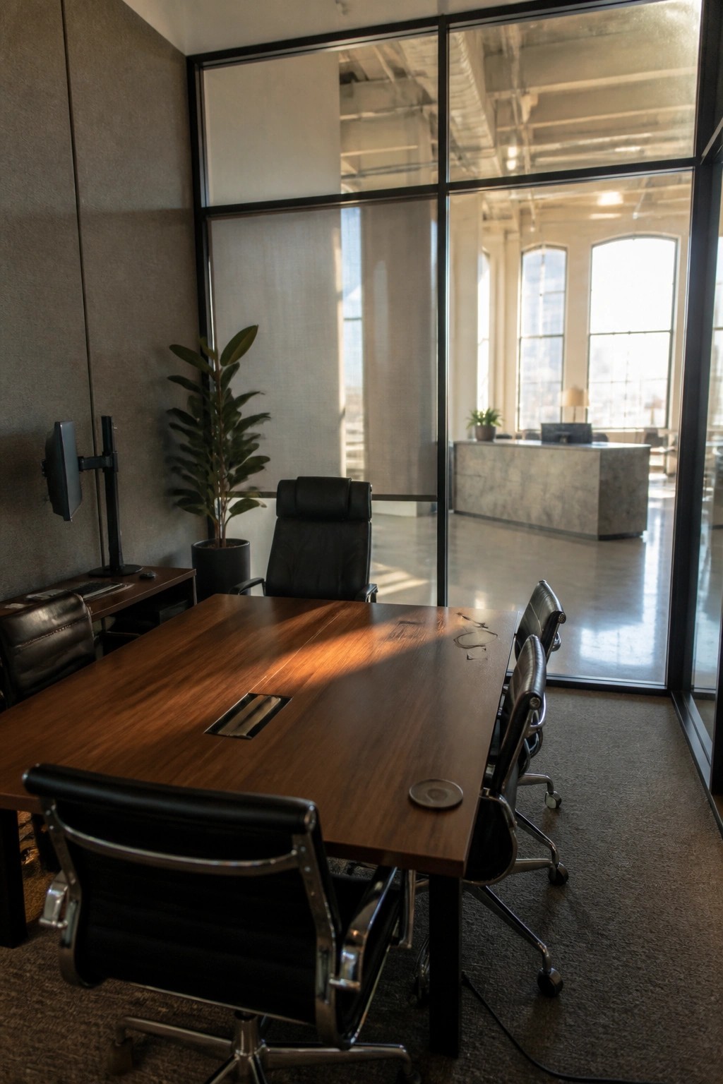 A long wooden conference table surrounded by black leather chairs in a modern office with glass walls and a potted plant in the background.