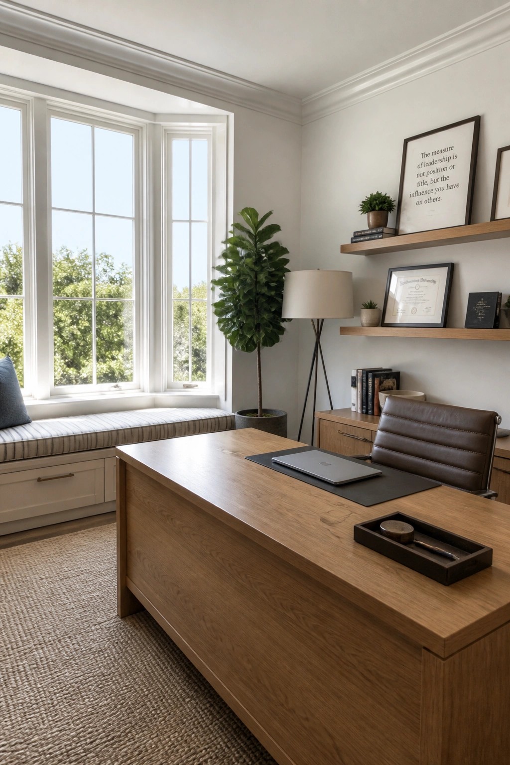 A home office featuring a large wooden desk with a laptop, a brown leather office chair, floating shelves with books and framed items, and a large window with a cushioned seat.