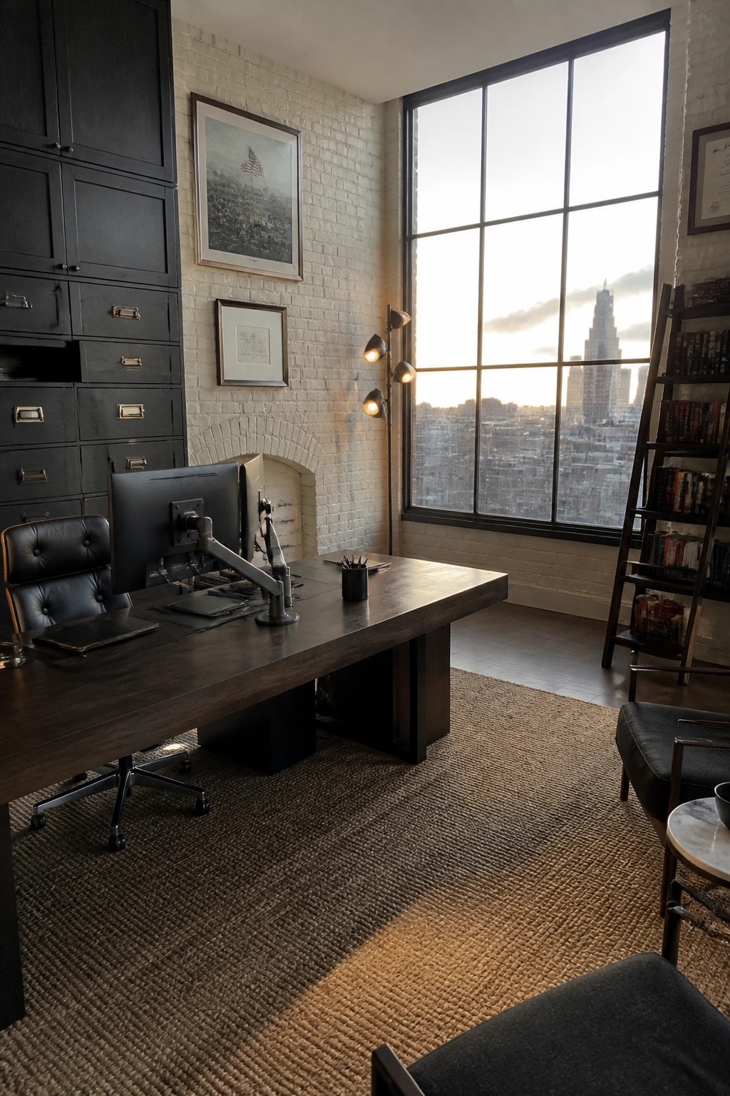 An executive home office featuring a large dark wood desk with dual monitors, a black leather office chair, built-in dark cabinetry, and a large window showing a city skyline at sunset.