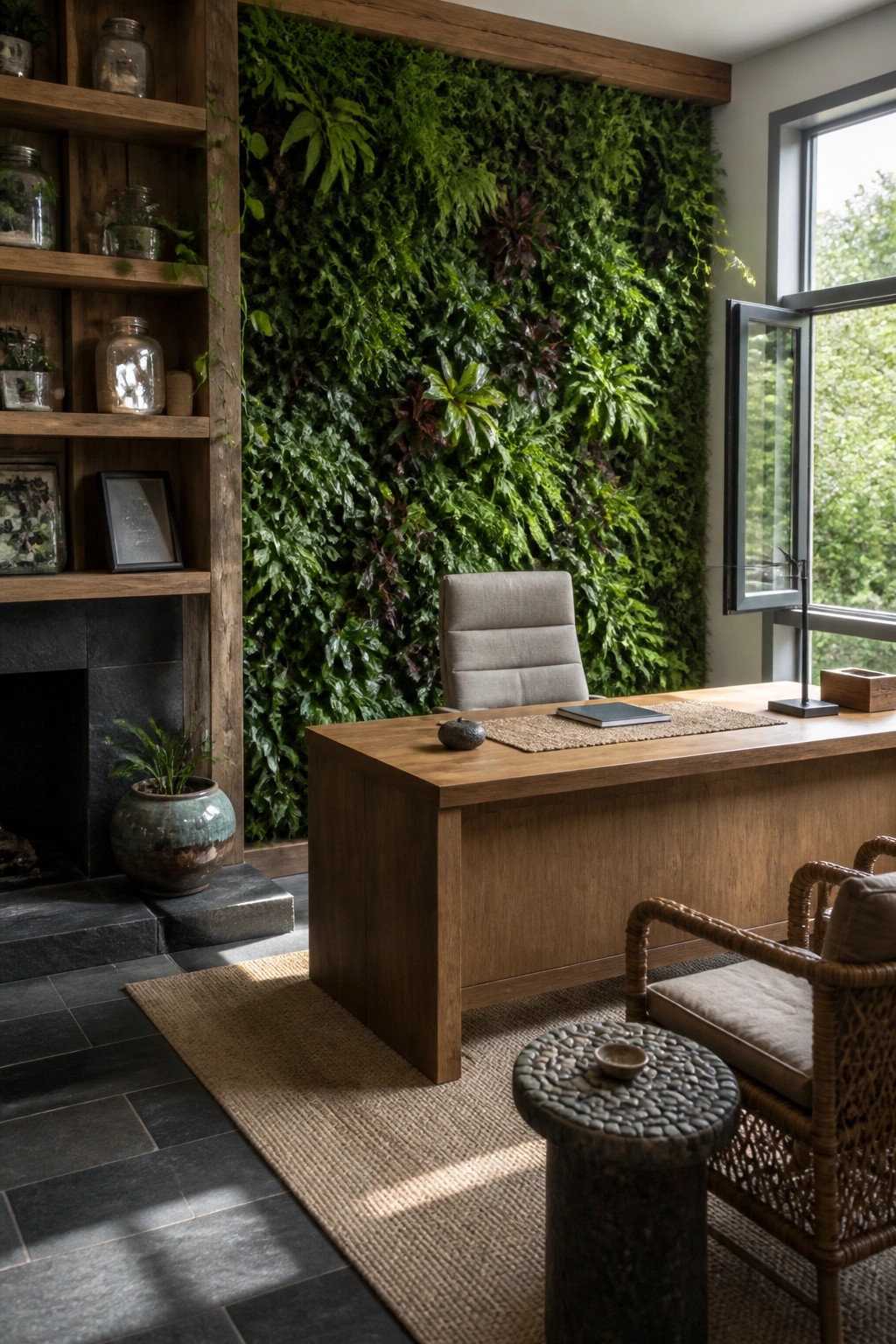 A modern executive office featuring a large living green wall behind a wooden desk, with a gray office chair, woven guest chair, and a window on the right.