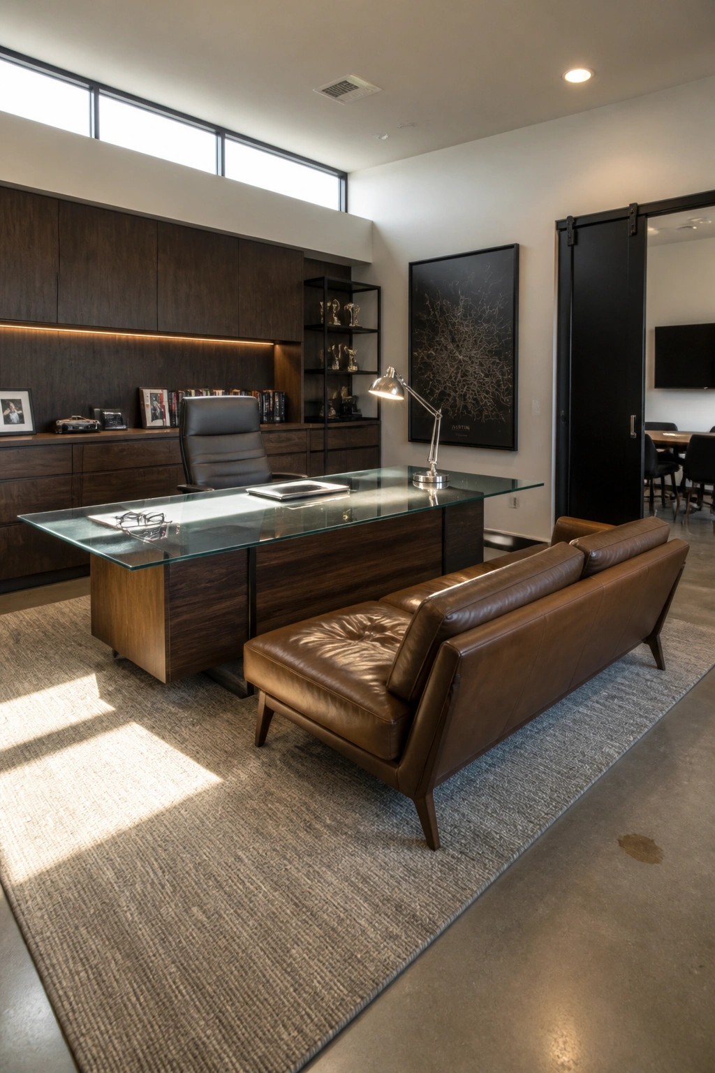 A modern executive office with a large glass desk on dark wood bases, a brown leather sofa on a gray rug in front, built-in dark wood cabinetry, and a large window above.