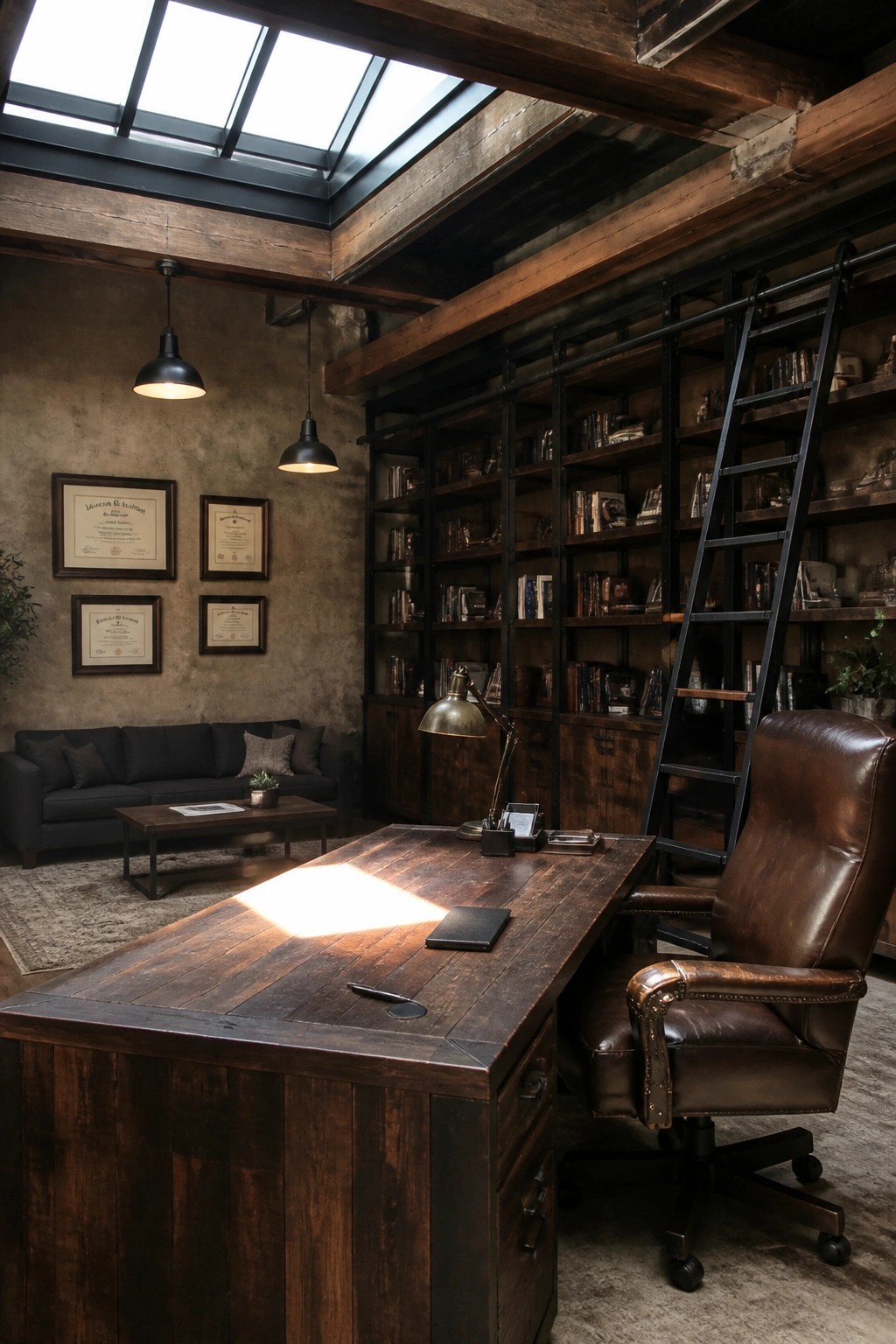 An executive home office with a large wooden desk, brown leather chair, tall black metal bookshelves filled with books, a rolling ladder, framed certificates on a textured wall, and a skylight overhead.
