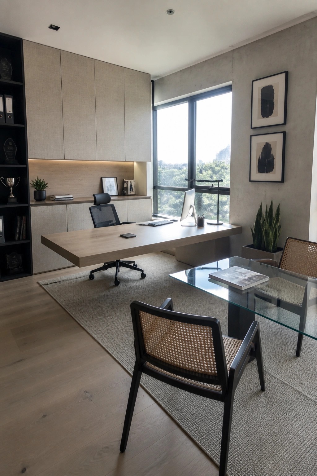 Modern office with wooden desk, glass table, woven chairs, and large window view.