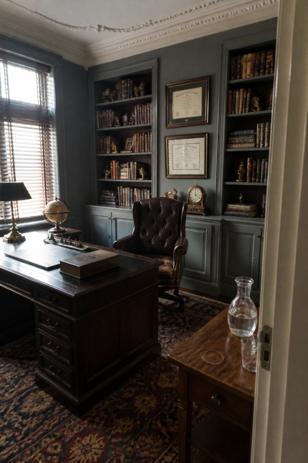Elegant dark study with leather armchair, wooden desk, bookshelves, and framed certificates