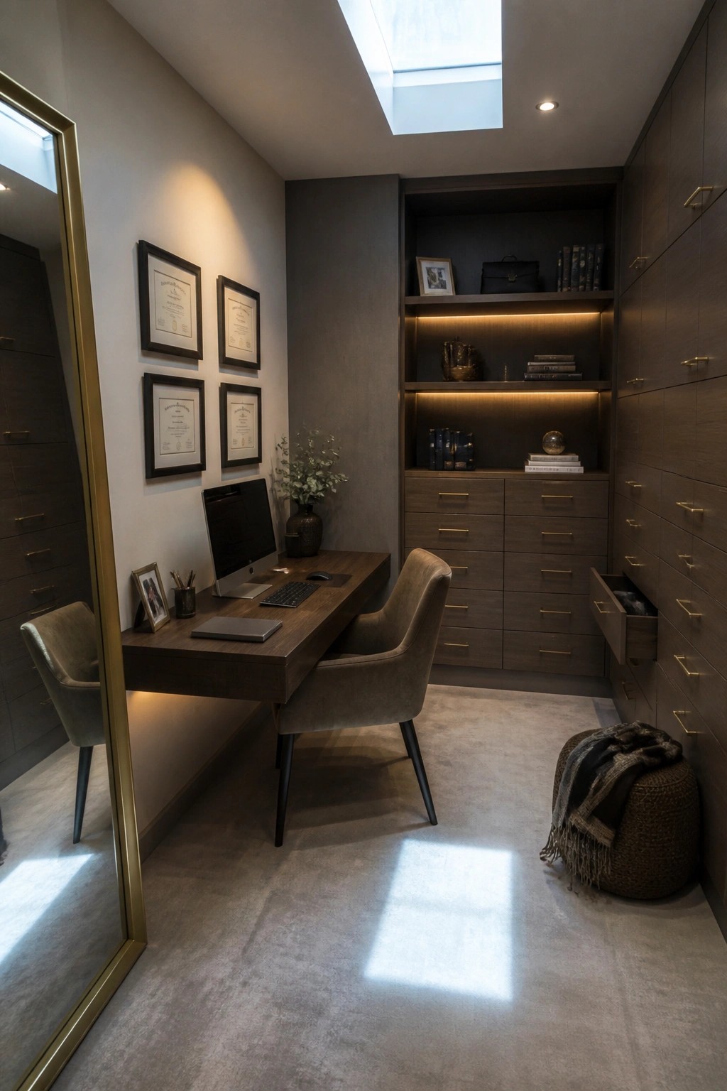 Modern home office with dark wood desk, computer, built-in shelves, velvet chairs, and skylight.