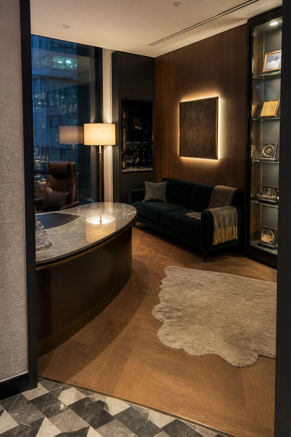 Luxurious executive office with curved marble desk, green velvet sofa, and city view.