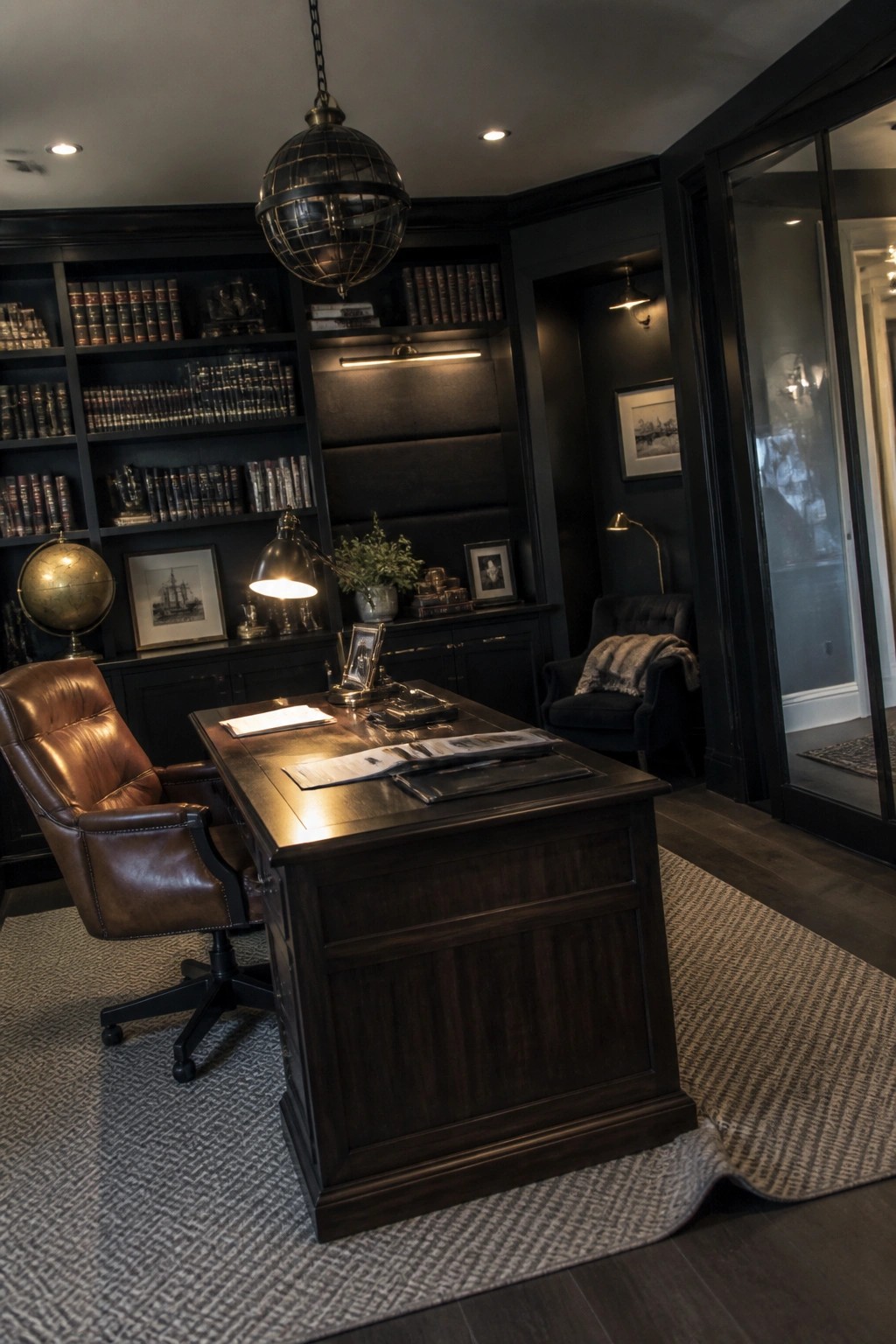 A dark wooden executive desk with a brown leather chair positioned in front of floor-to-ceiling black built-in bookshelves in a home office.