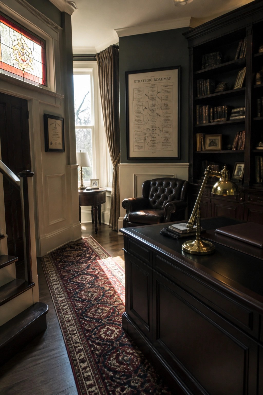 A home office featuring a large dark wood desk, built-in bookshelves, a brown leather chair, and a framed chart on a dark green wall.