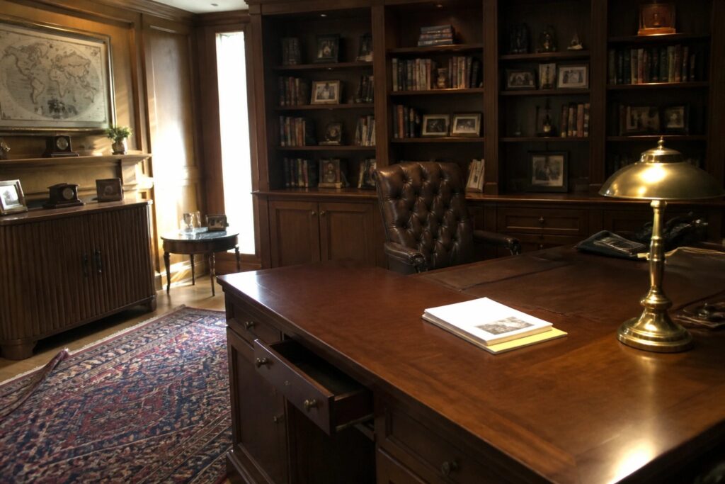 A traditional home office with a large wooden desk, brown tufted leather chair, built-in bookshelves, and a fireplace on the left wall.