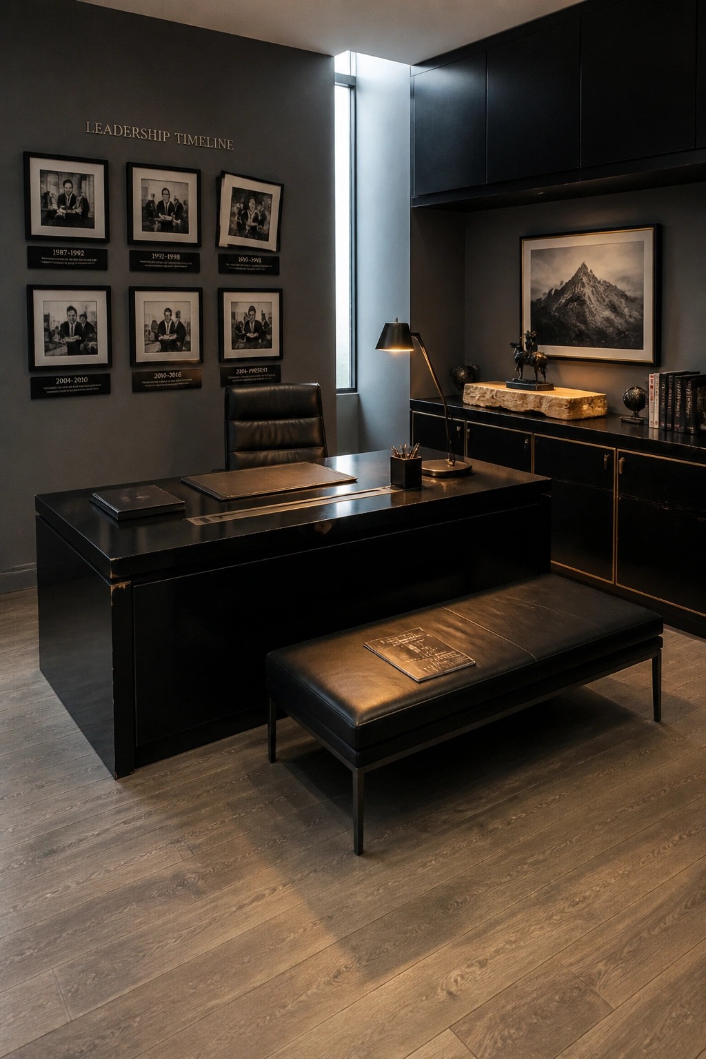 Dark executive desk with bench in modern office featuring leadership timeline portraits.