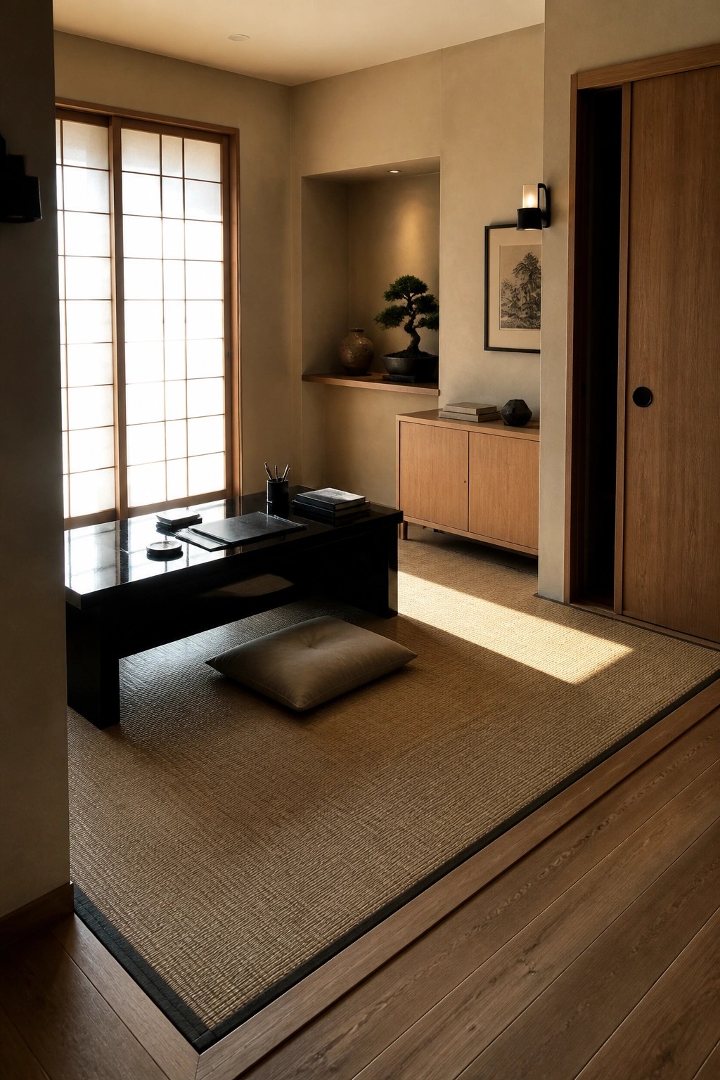 Japanese-style room with shoji doors, tatami mats, black table, bonsai, and sunlight.