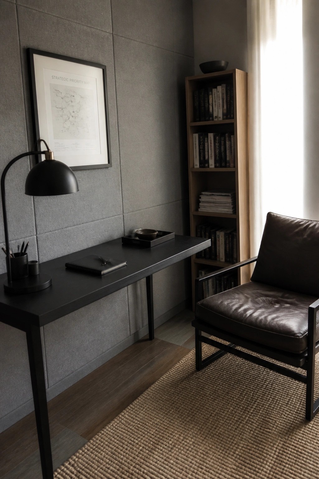 A home office featuring a black desk against a gray textured wall, a black leather armchair on a woven rug, and a tall wooden bookshelf filled with books.